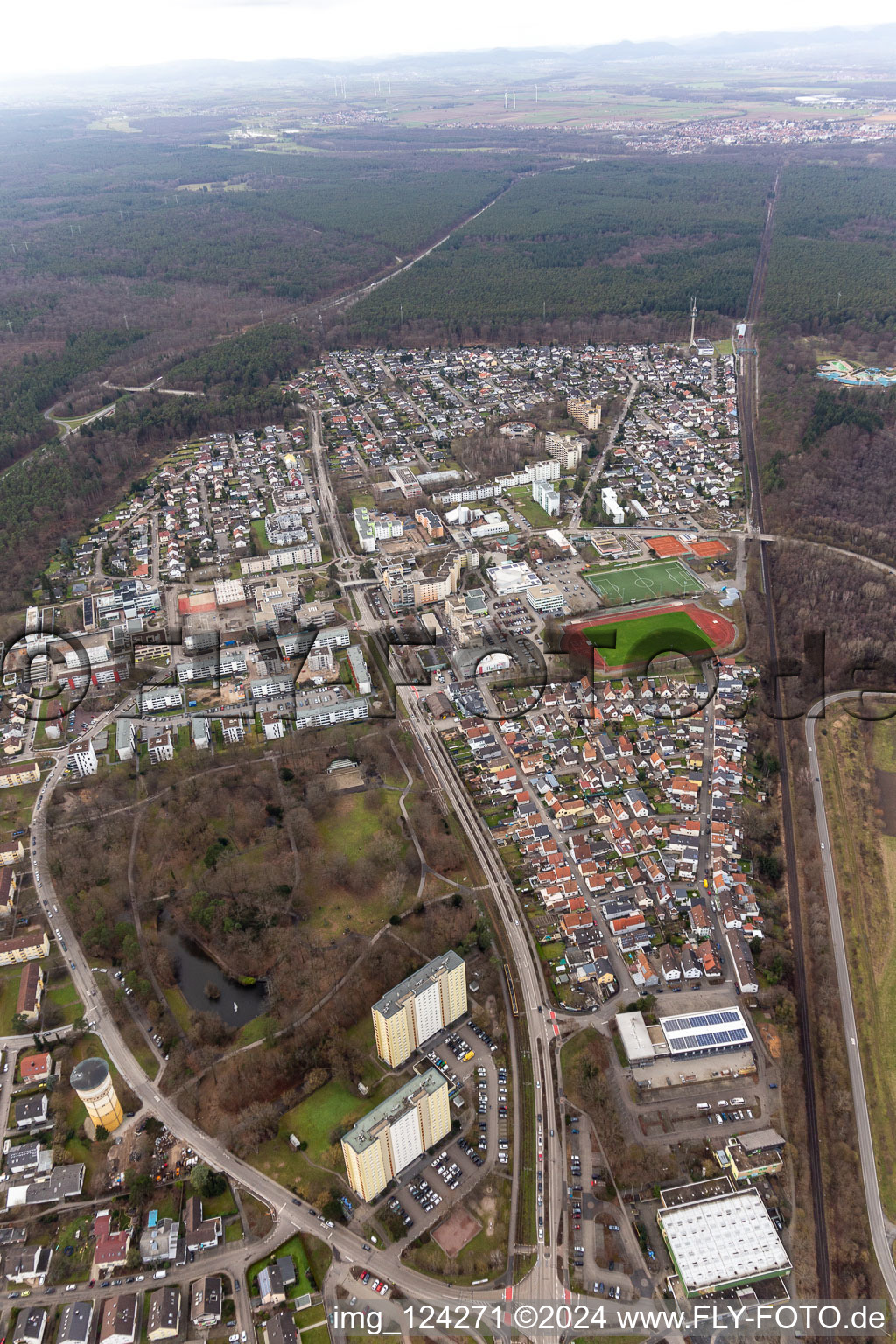 Aerial view of Dorschberg with the Wörther Bürgerpark in Wörth am Rhein in the state Rhineland-Palatinate, Germany