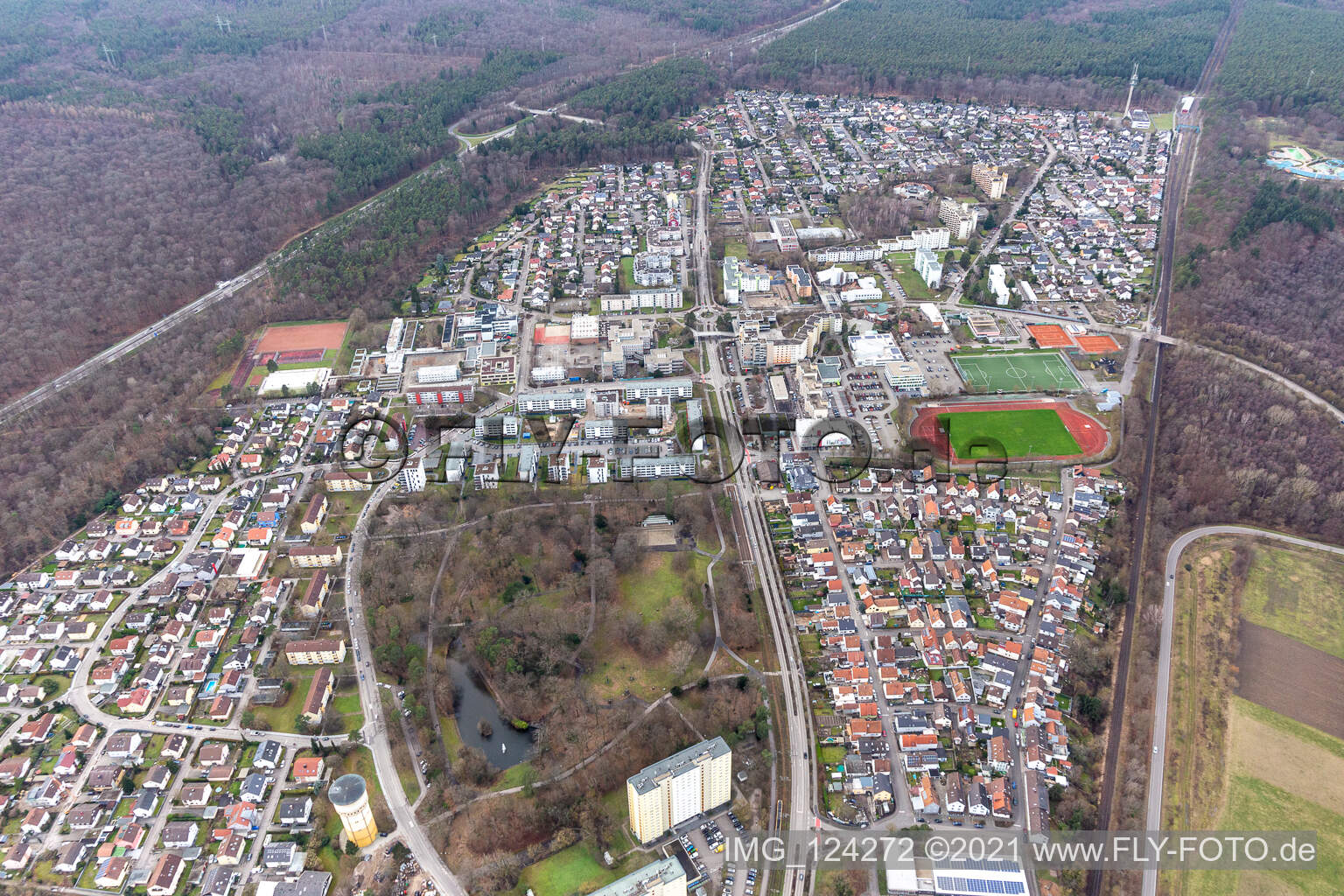 Aerial photograpy of Dorschberg with the Wörther Bürgerpark in Wörth am Rhein in the state Rhineland-Palatinate, Germany