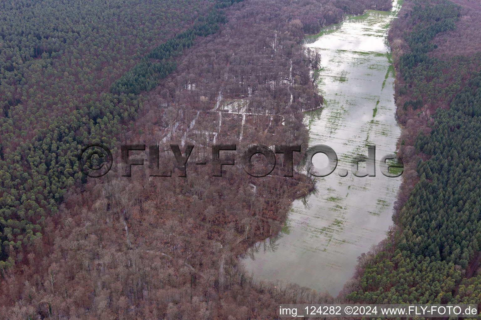 Aerial photograpy of Otterbach with flooded meadows in the Bienwald in Kandel in the state Rhineland-Palatinate, Germany