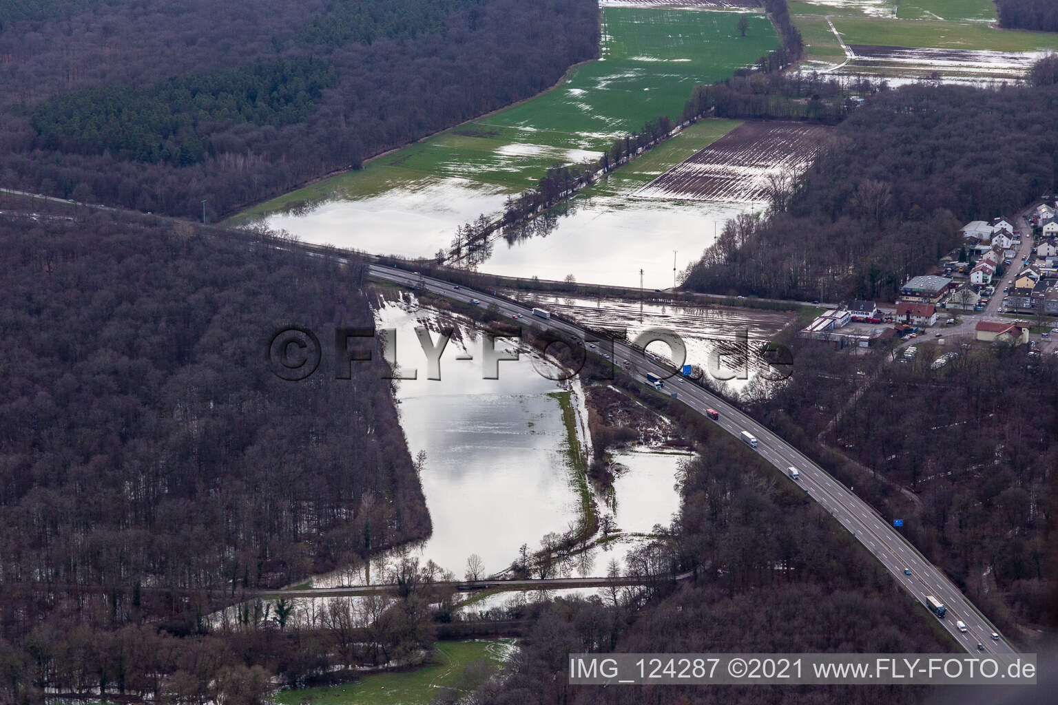 Aerial view of Forest area Bienwald Otterbach with flooded meadows on the A65 in Kandel in the state Rhineland-Palatinate, Germany
