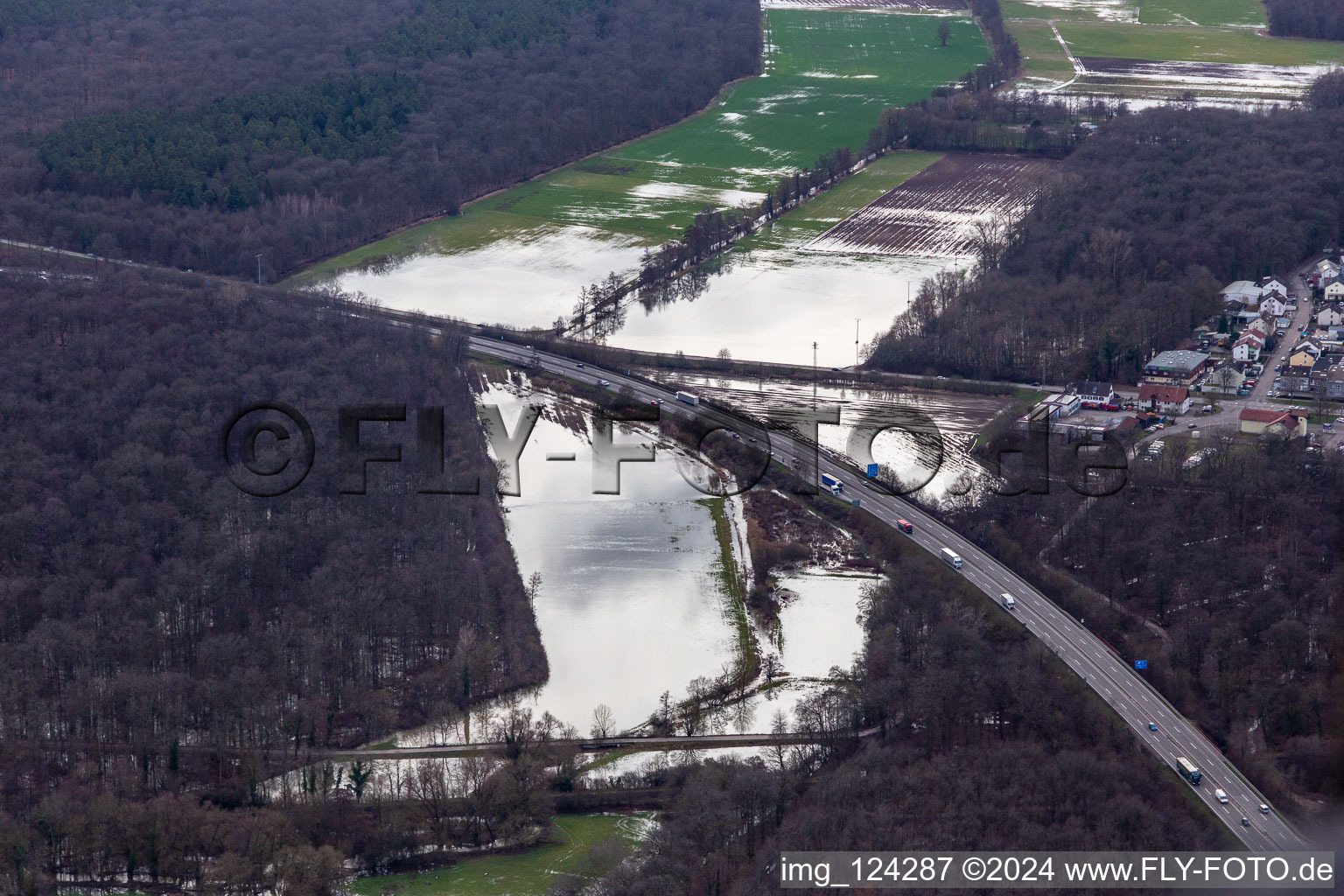 Aerial view of Forest area Bienwald Otterbach with flooded meadows on the A65 in Kandel in the state Rhineland-Palatinate, Germany