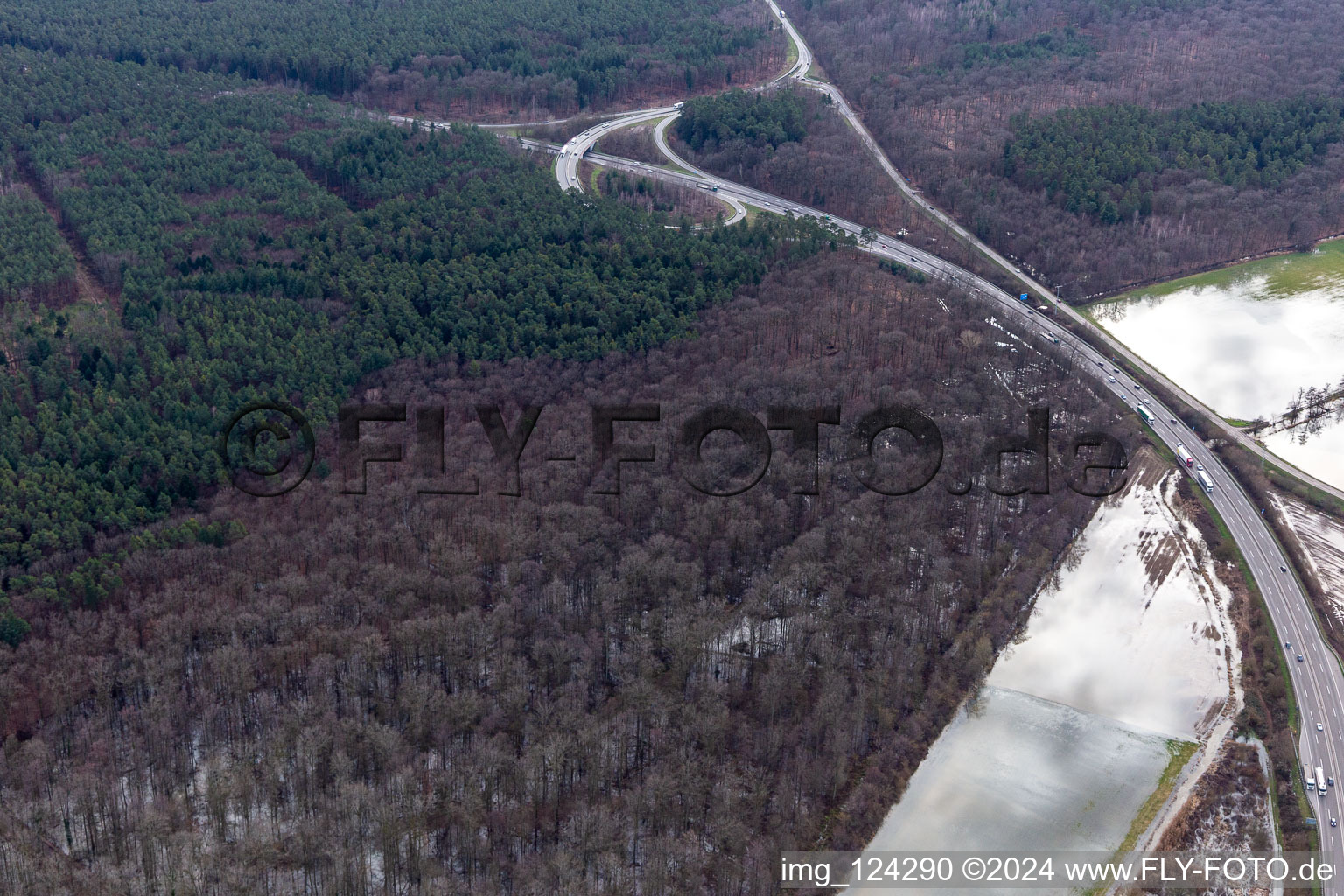 Land under water at Otterbach with flooded meadows on the A65 in Kandel in the state Rhineland-Palatinate, Germany