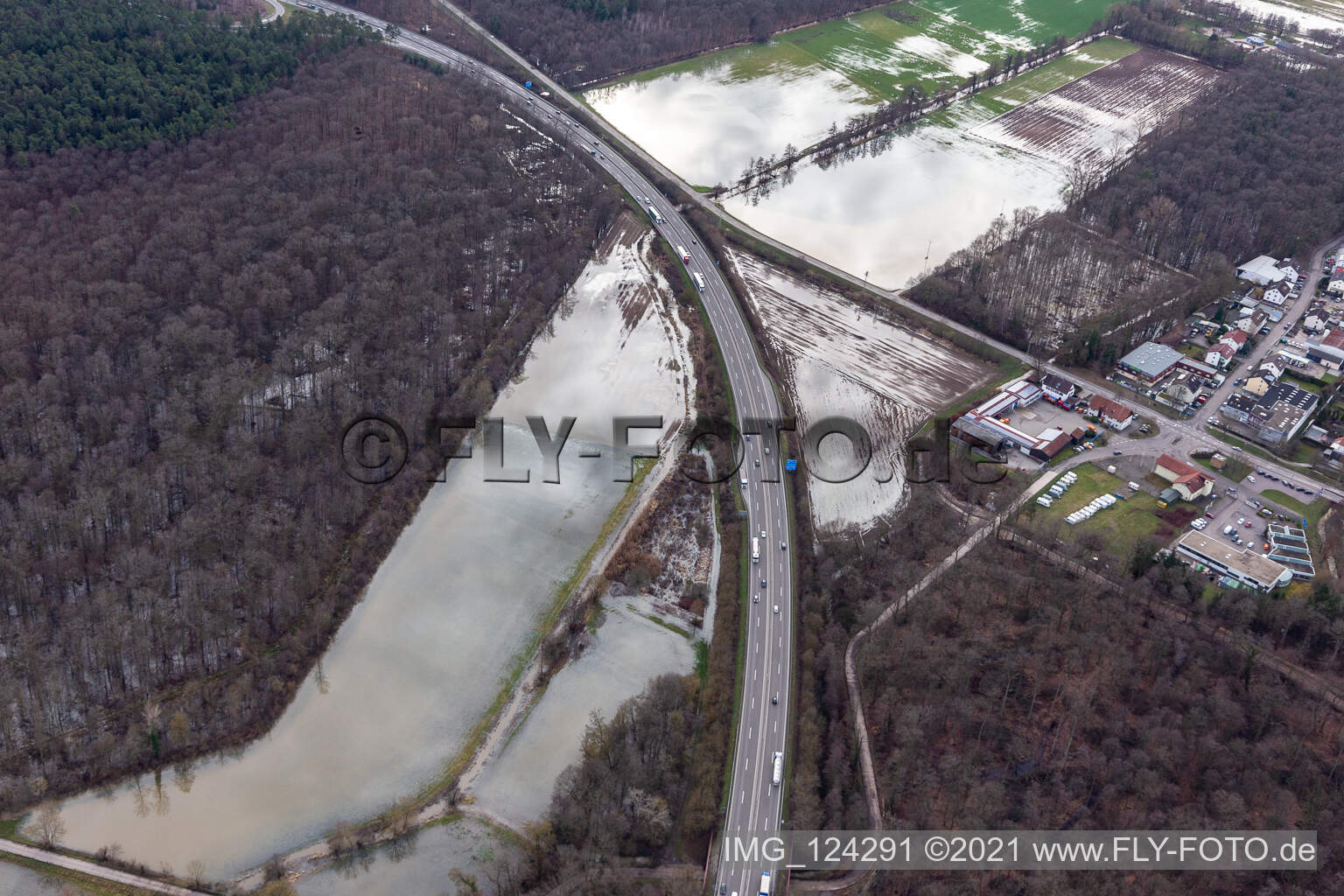 Aerial view of Land below the Otterbach with flooded meadows on the A65 in Kandel in the state Rhineland-Palatinate, Germany