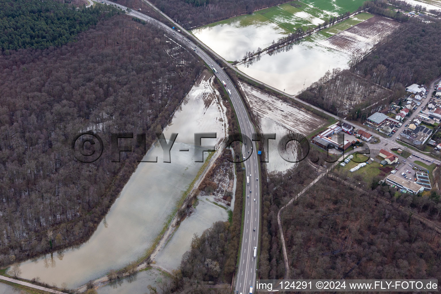 Aerial view of Land under water at Otterbach with flooded meadows on the A65 in Kandel in the state Rhineland-Palatinate, Germany