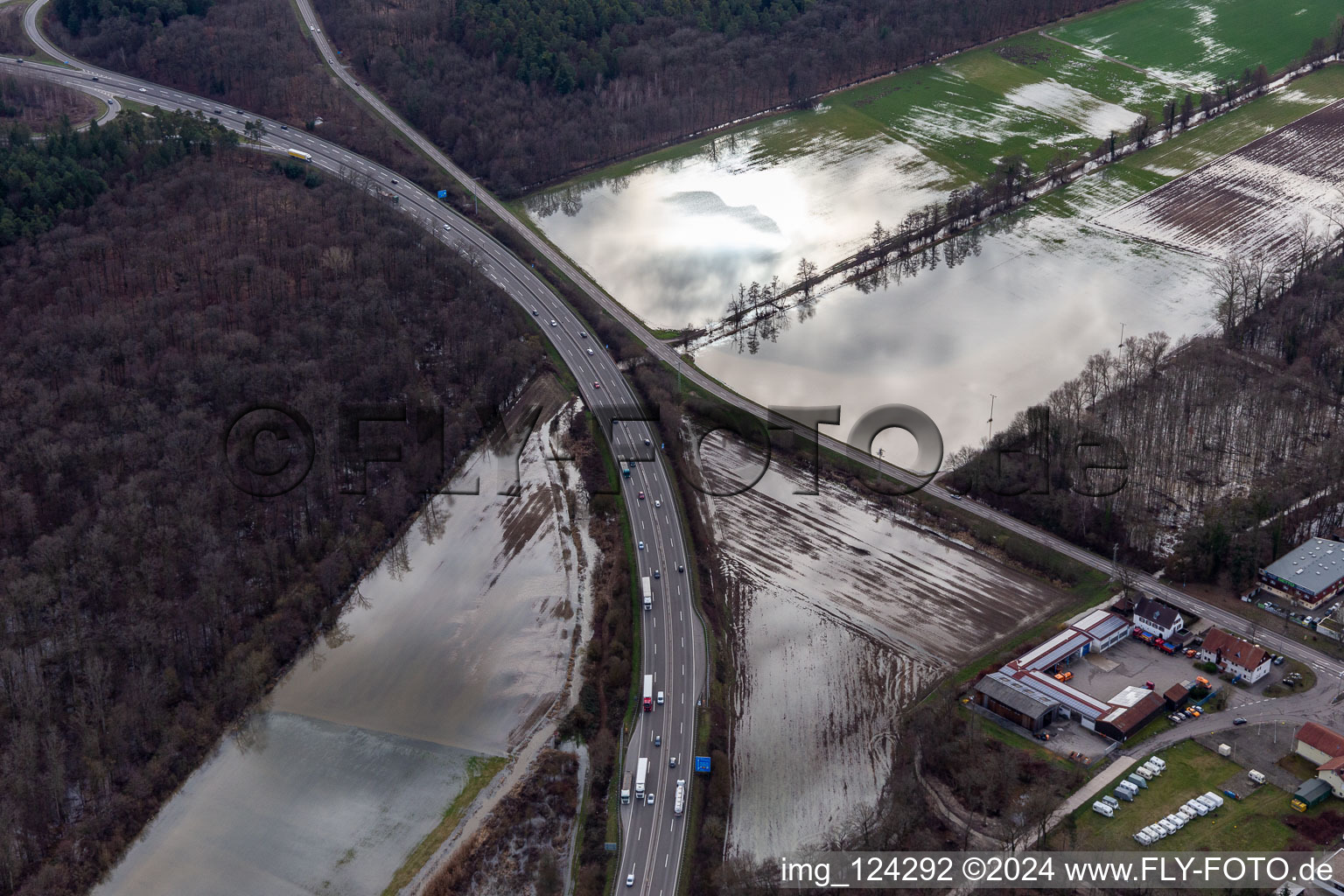 Aerial photograpy of Forest area Bienwald Otterbach with flooded meadows on the A65 in Kandel in the state Rhineland-Palatinate, Germany