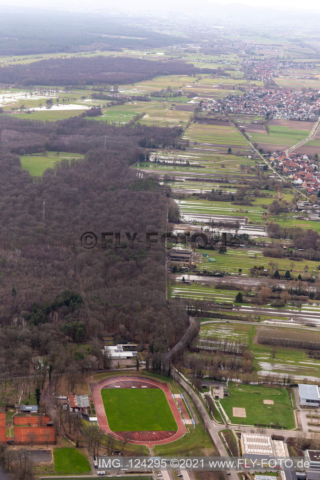 Aerial view of Land with flooded meadows between Floßgraben and Dörniggraben on Saarstr in Kandel in the state Rhineland-Palatinate, Germany