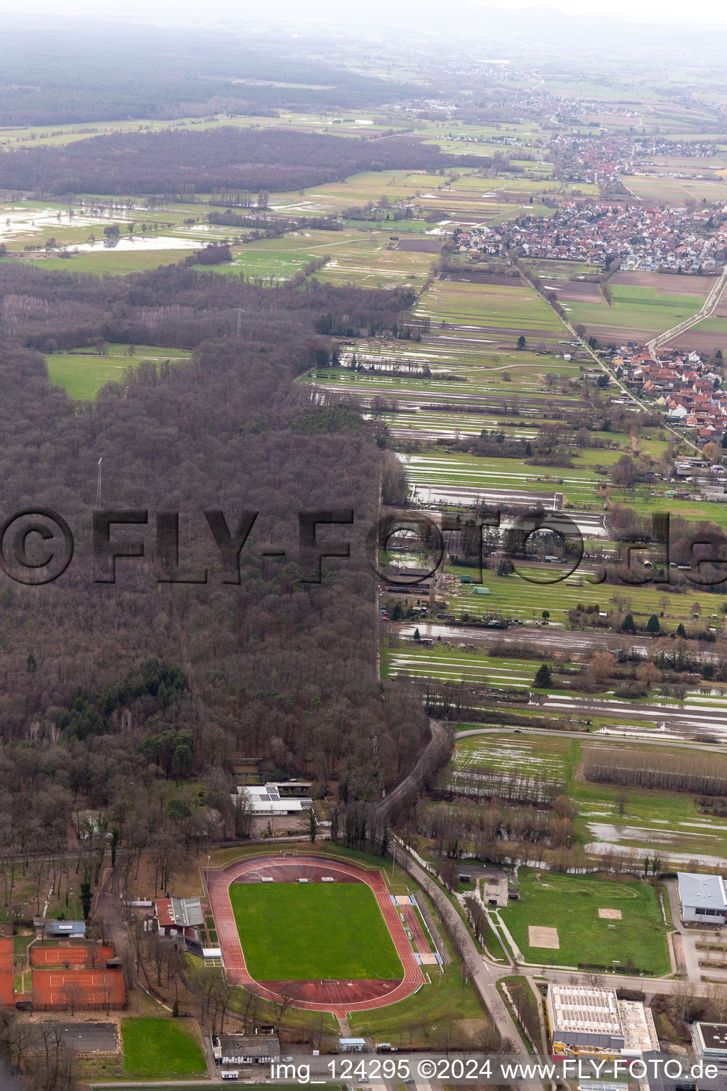 Aerial view of Land with flooded meadows between Floßgraben and Dörniggraben on Saarstr in Kandel in the state Rhineland-Palatinate, Germany