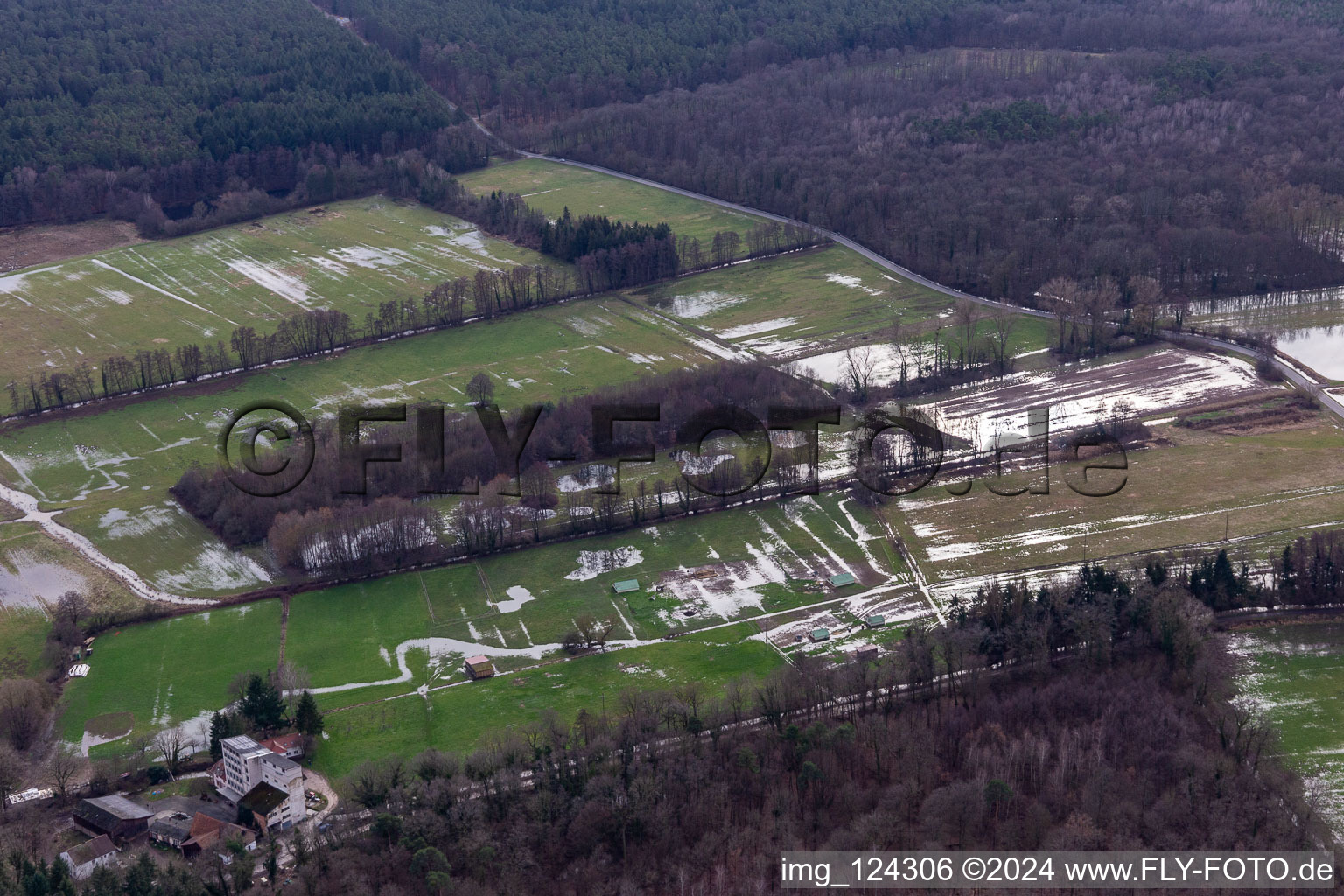 Aerial view of Otterbach lowland during flooding near Hardtmühle in Minfeld in the state Rhineland-Palatinate, Germany