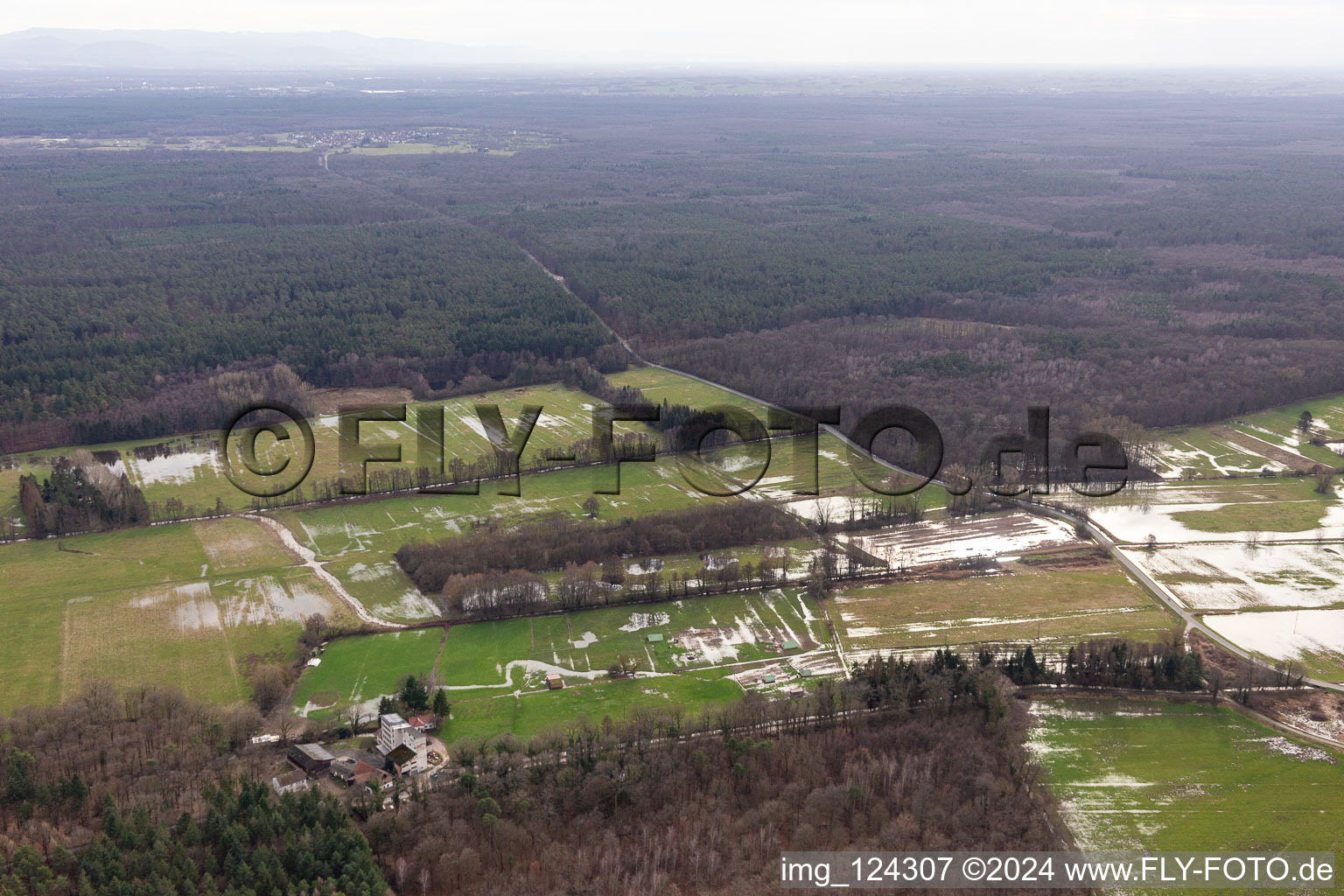 Aerial photograpy of Otterbach lowlands during flooding near the Hardtmühle in Minfeld in the state Rhineland-Palatinate, Germany