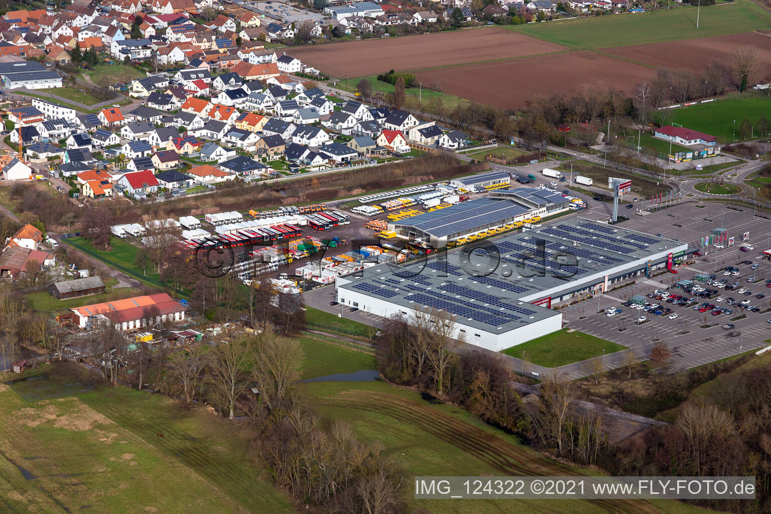 Oblique view of Röther Fashion Park in Rohrbach in the state Rhineland-Palatinate, Germany