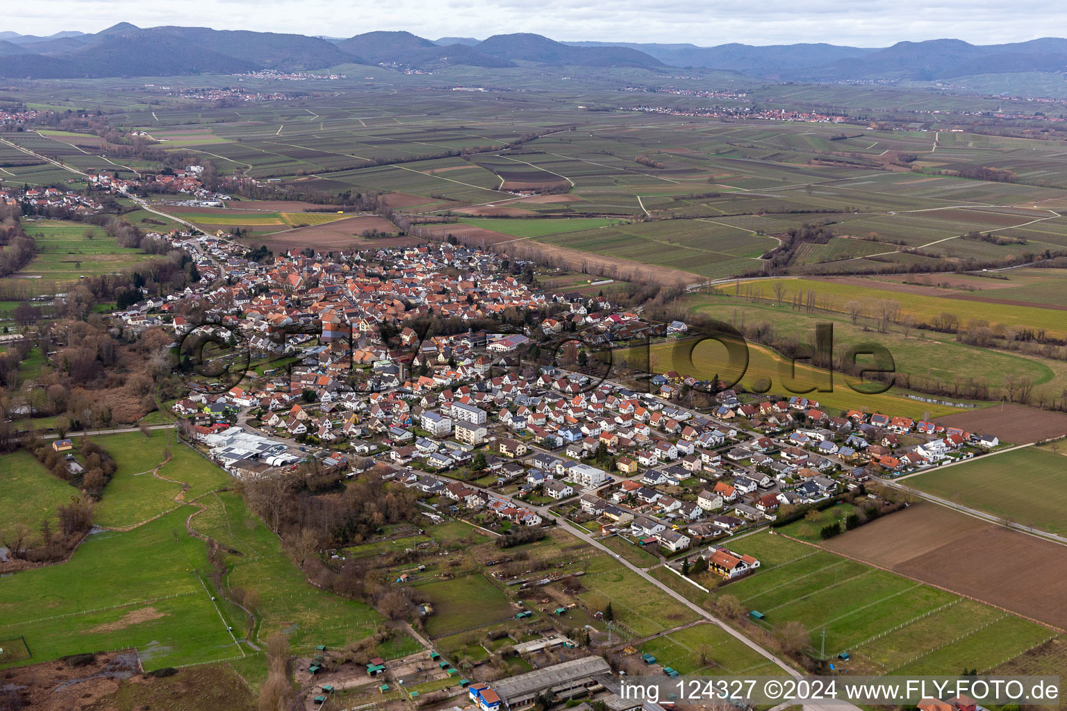 Bird's eye view of District Billigheim in Billigheim-Ingenheim in the state Rhineland-Palatinate, Germany