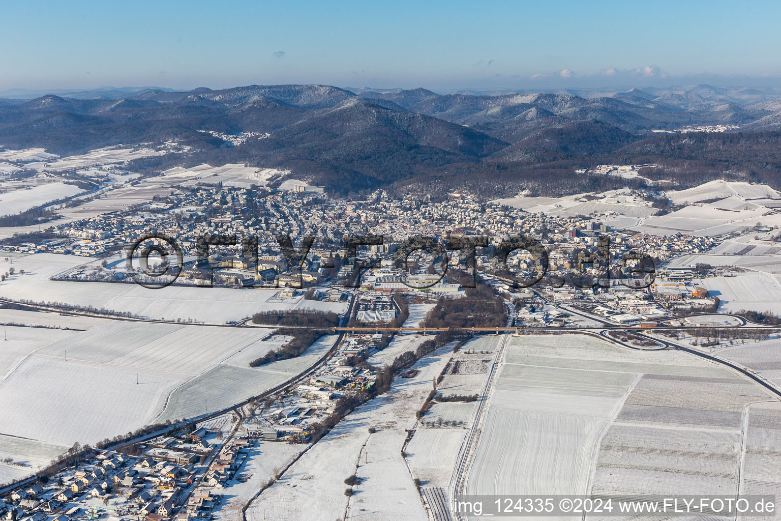 Winter aerial view in the snow in Bad Bergzabern in the state Rhineland-Palatinate, Germany