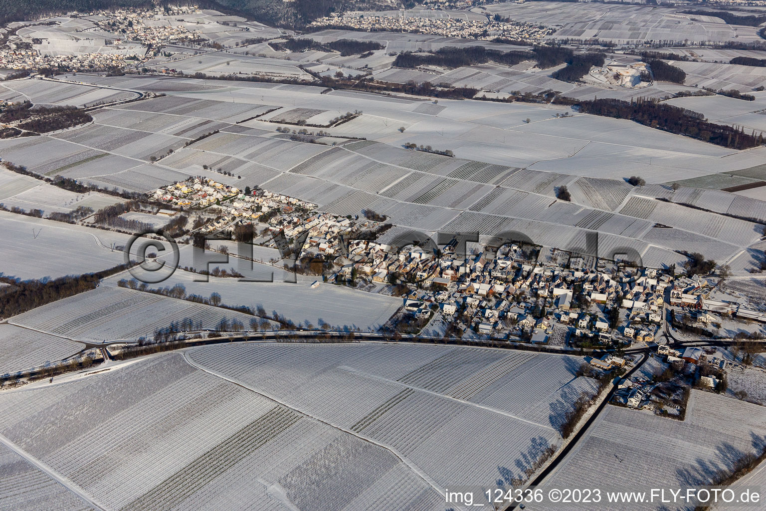 Winter aerial view in the snow in Niederhorbach in the state Rhineland-Palatinate, Germany
