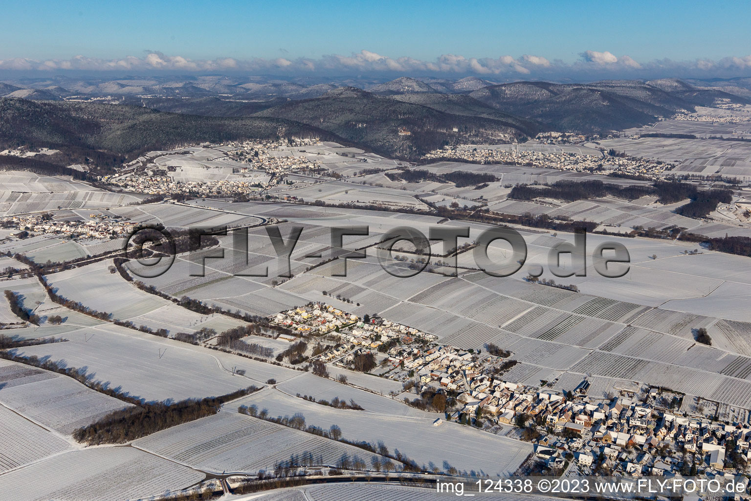 Aerial view of Winter aerial view in the snow in Niederhorbach in the state Rhineland-Palatinate, Germany