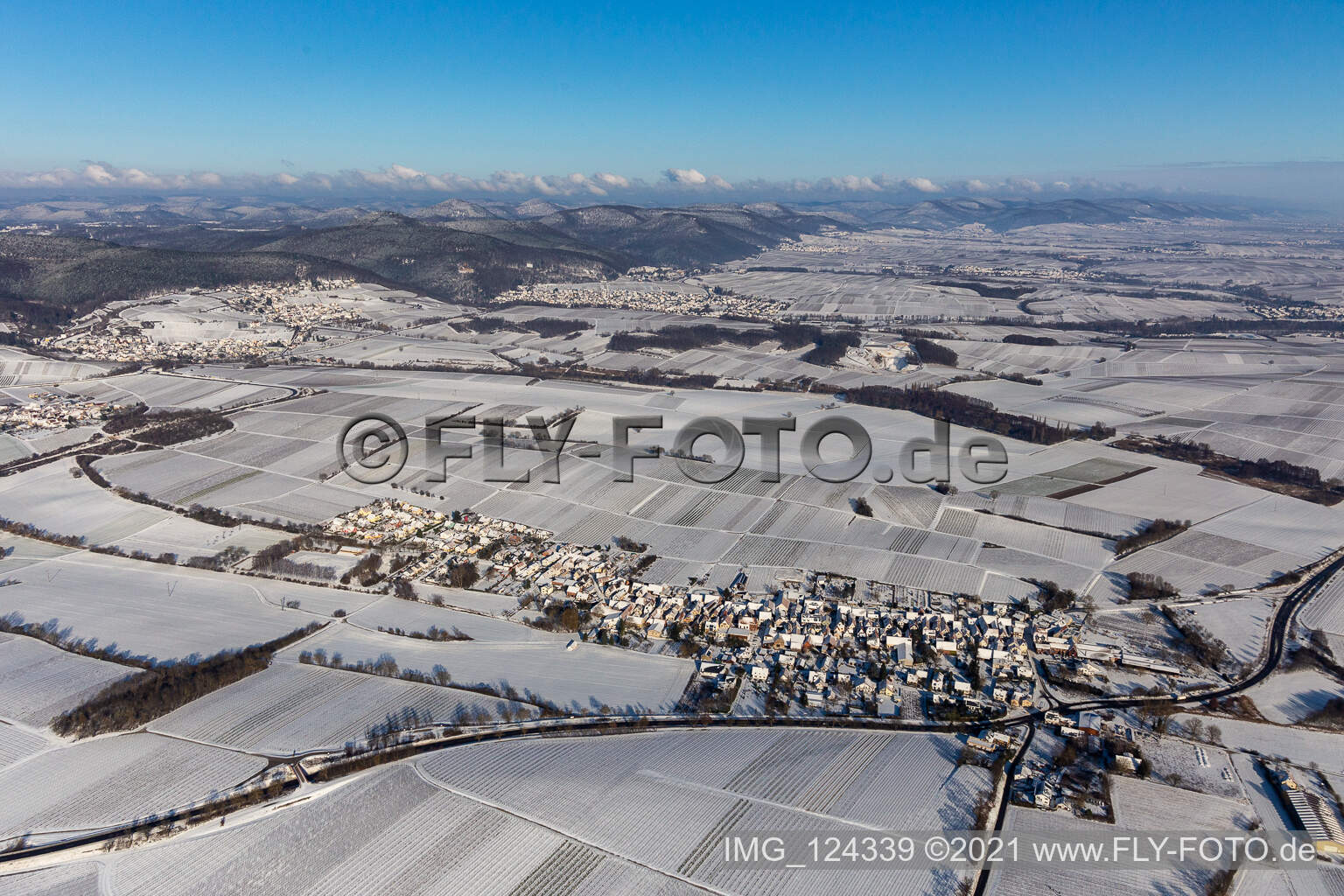 Aerial view of Winter aerial view in the snow in Niederhorbach in the state Rhineland-Palatinate, Germany