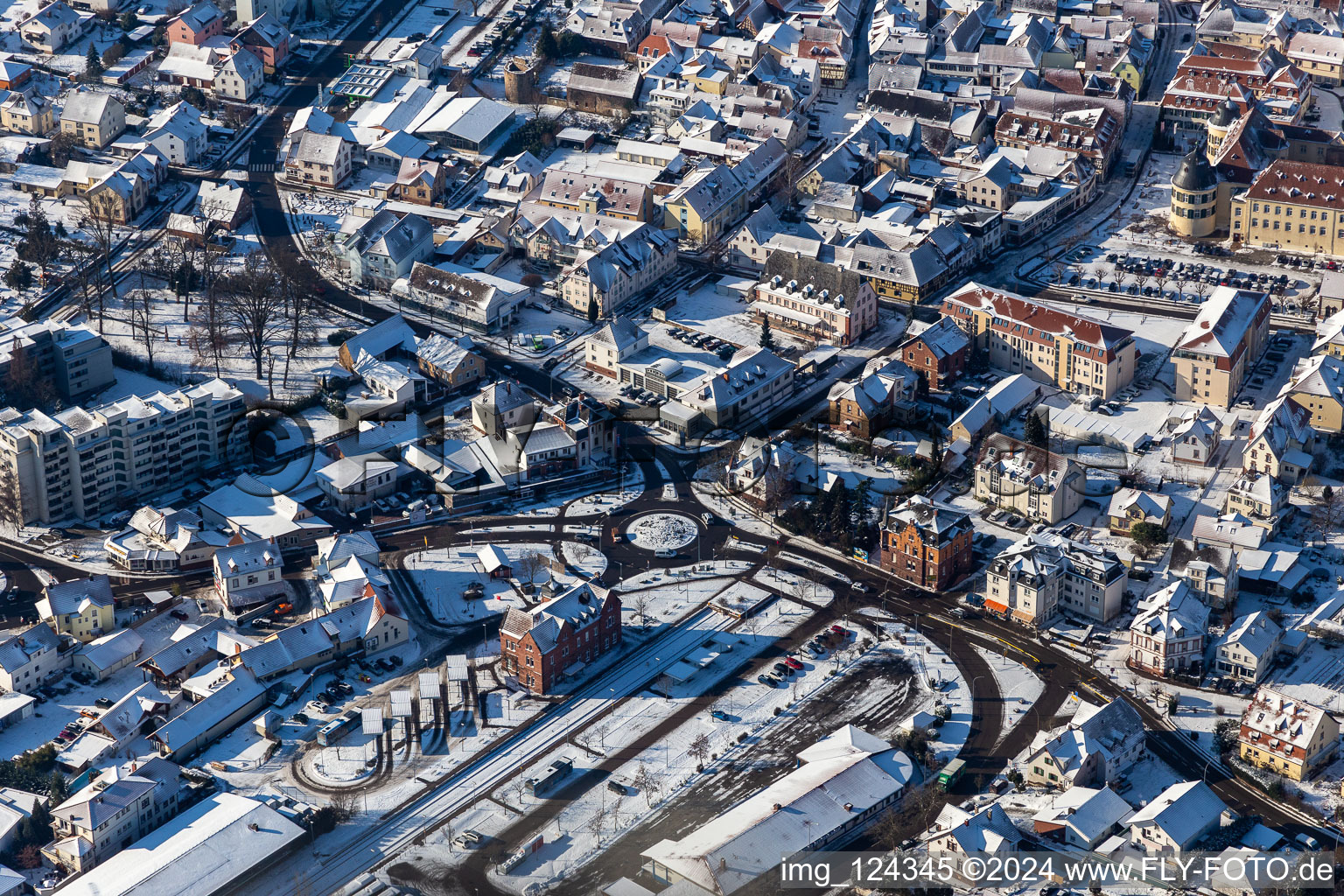 Winter aerial view in the snow of station Bad Bergzabern in Bad Bergzabern in the state Rhineland-Palatinate, Germany