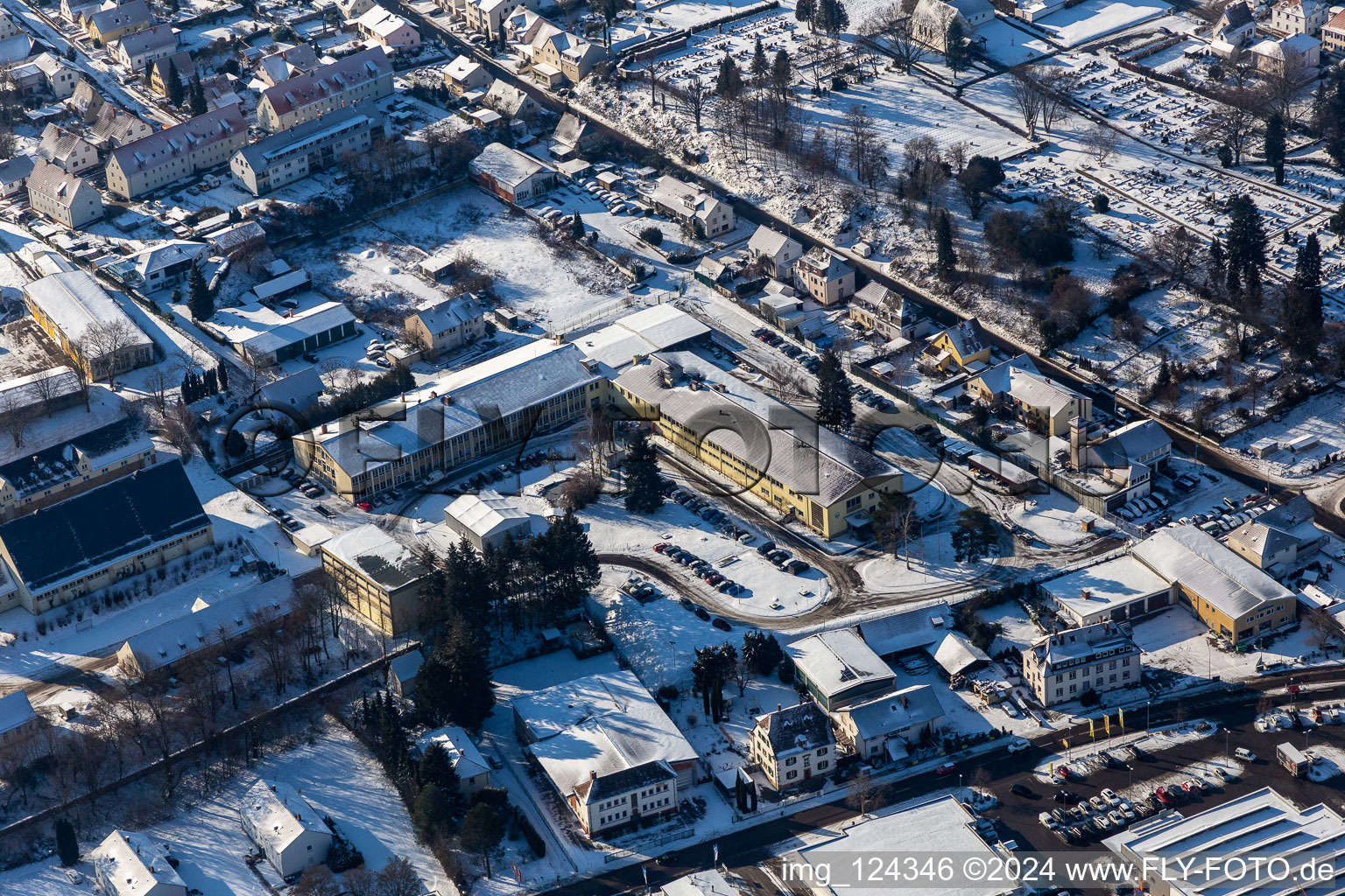 Winter aerial view in the snow of Breslauer Straße in Bad Bergzabern in the state Rhineland-Palatinate, Germany