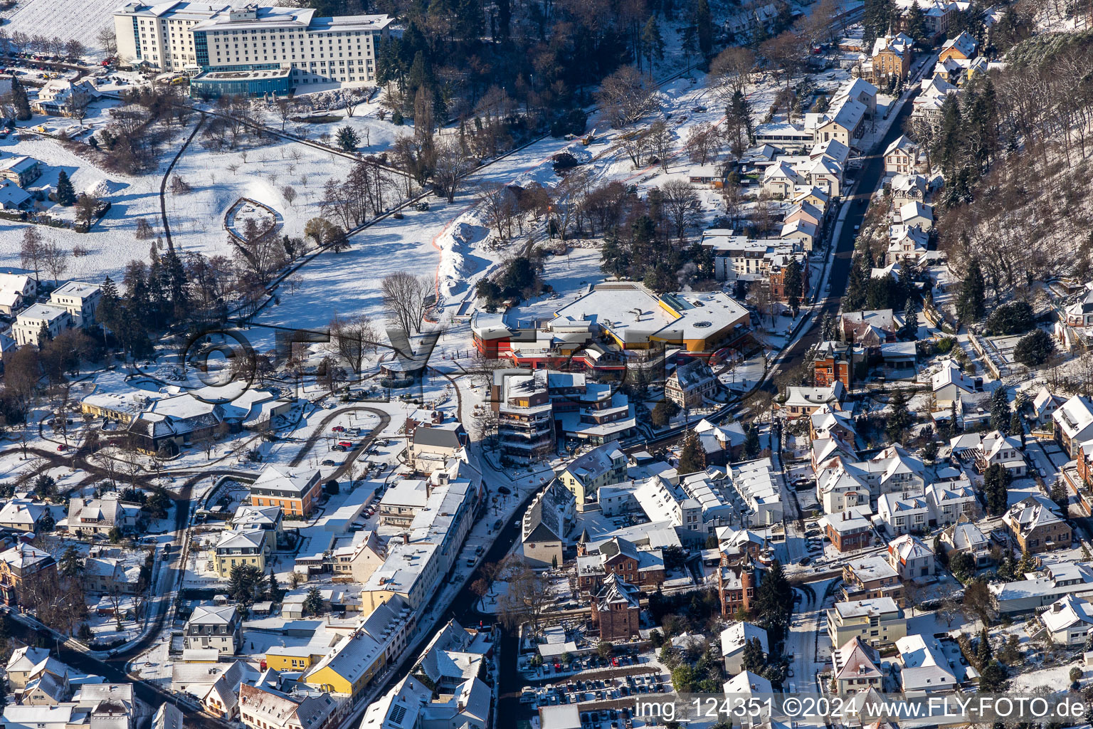 Aerial view of Winter aerial view in the snow from the spa park Bad Bergzabern in Bad Bergzabern in the state Rhineland-Palatinate, Germany