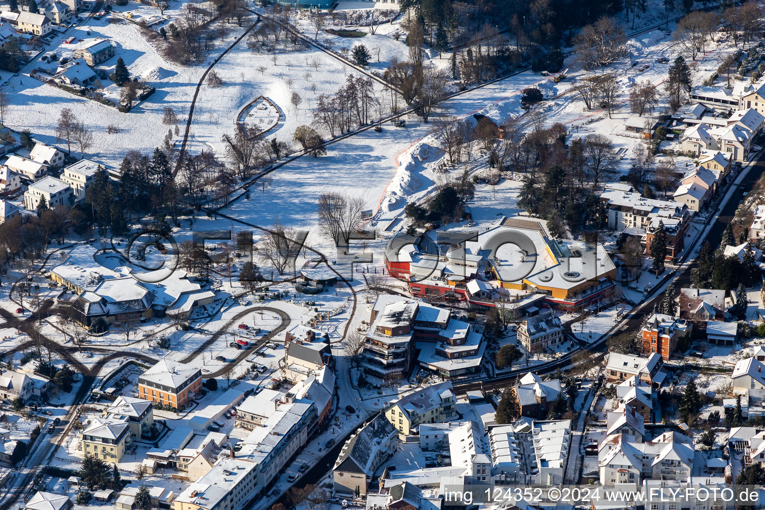 Aerial view of Winter aerial view in the snow from the spa park Bad Bergzabern in Bad Bergzabern in the state Rhineland-Palatinate, Germany