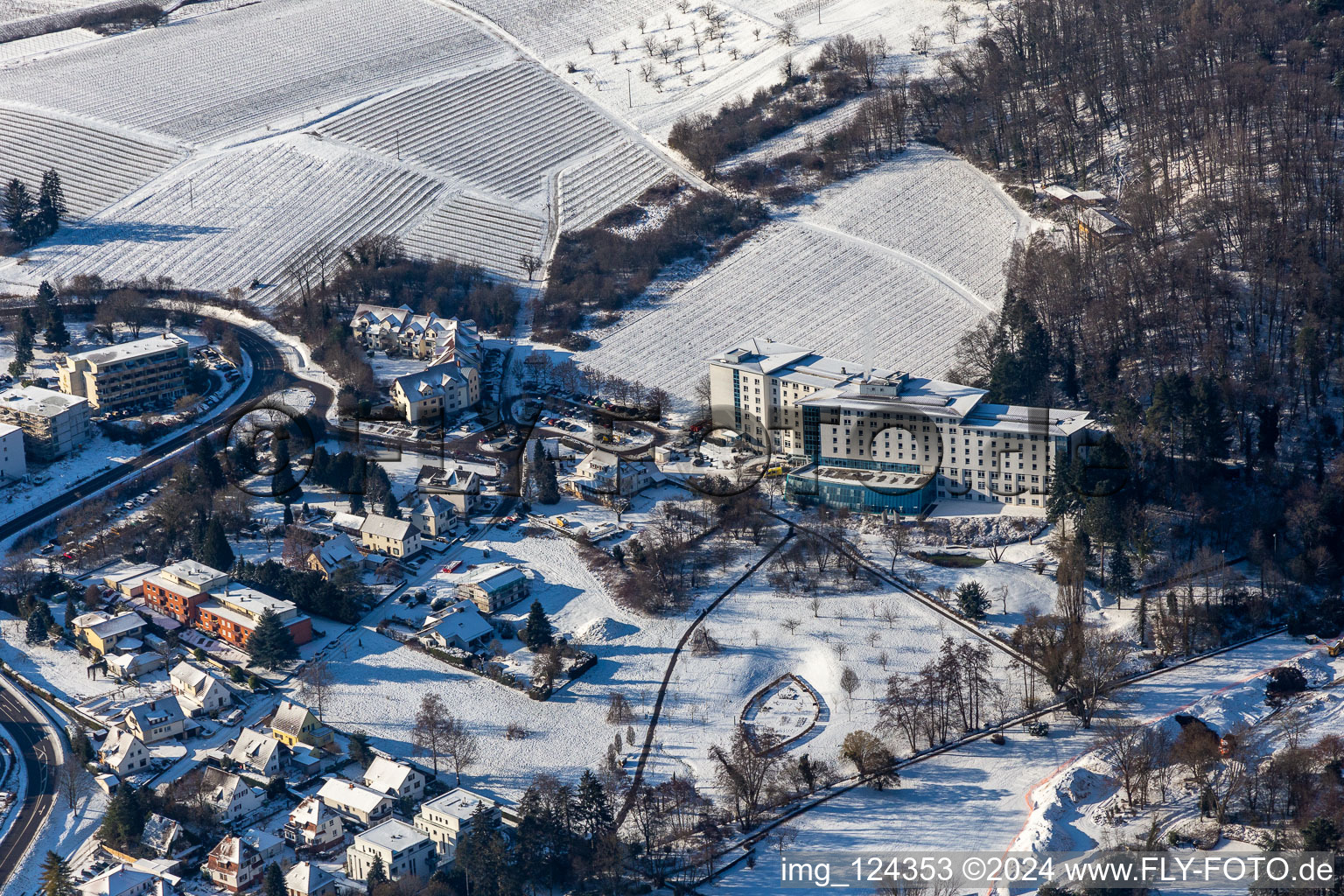 Winter aerial view in the snow of the Edith Stein Clinic in Bad Bergzabern in the state Rhineland-Palatinate, Germany