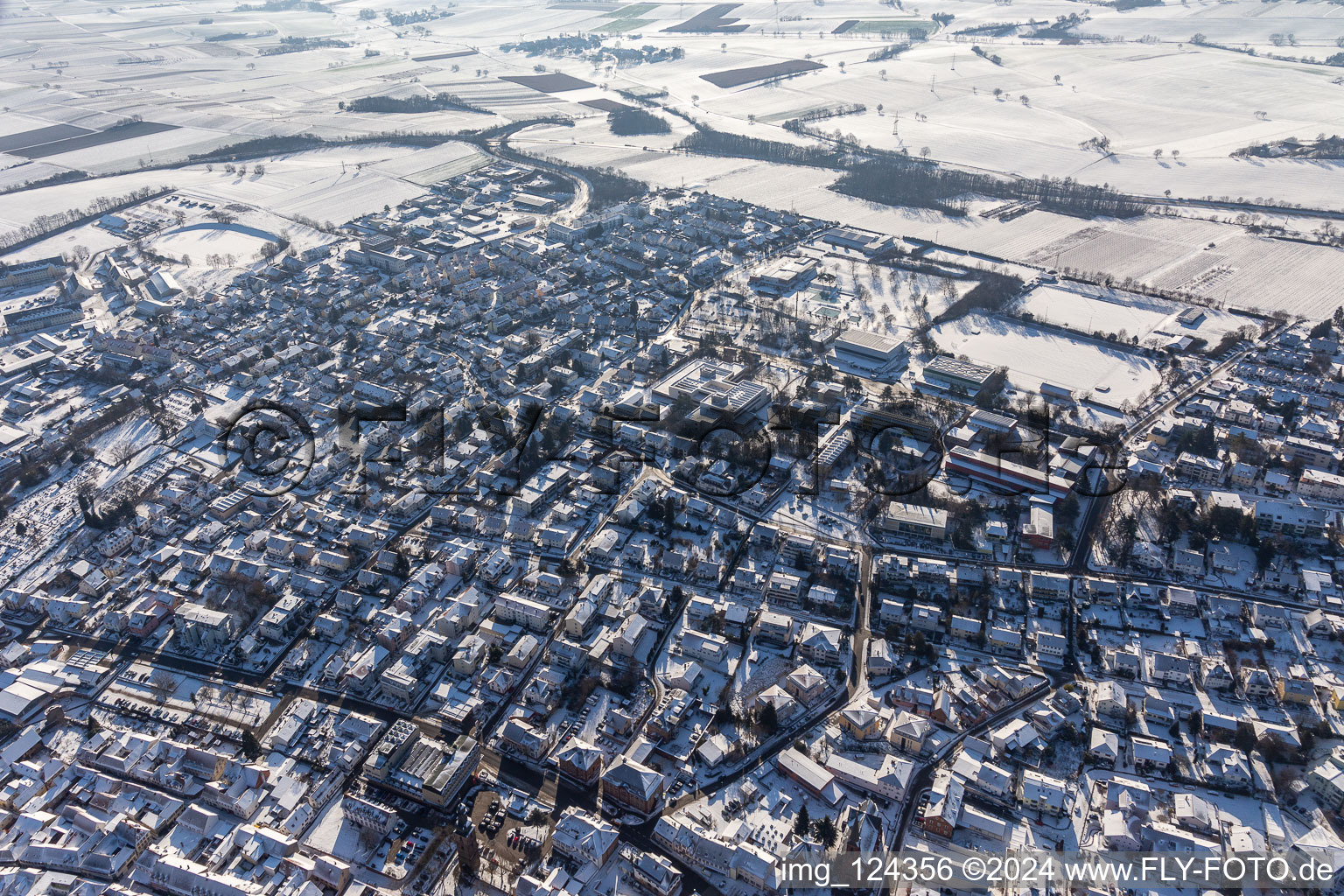 Aerial view of Winter aerial photo in snow from Bad Bergzabern SE in Bad Bergzabern in the state Rhineland-Palatinate, Germany