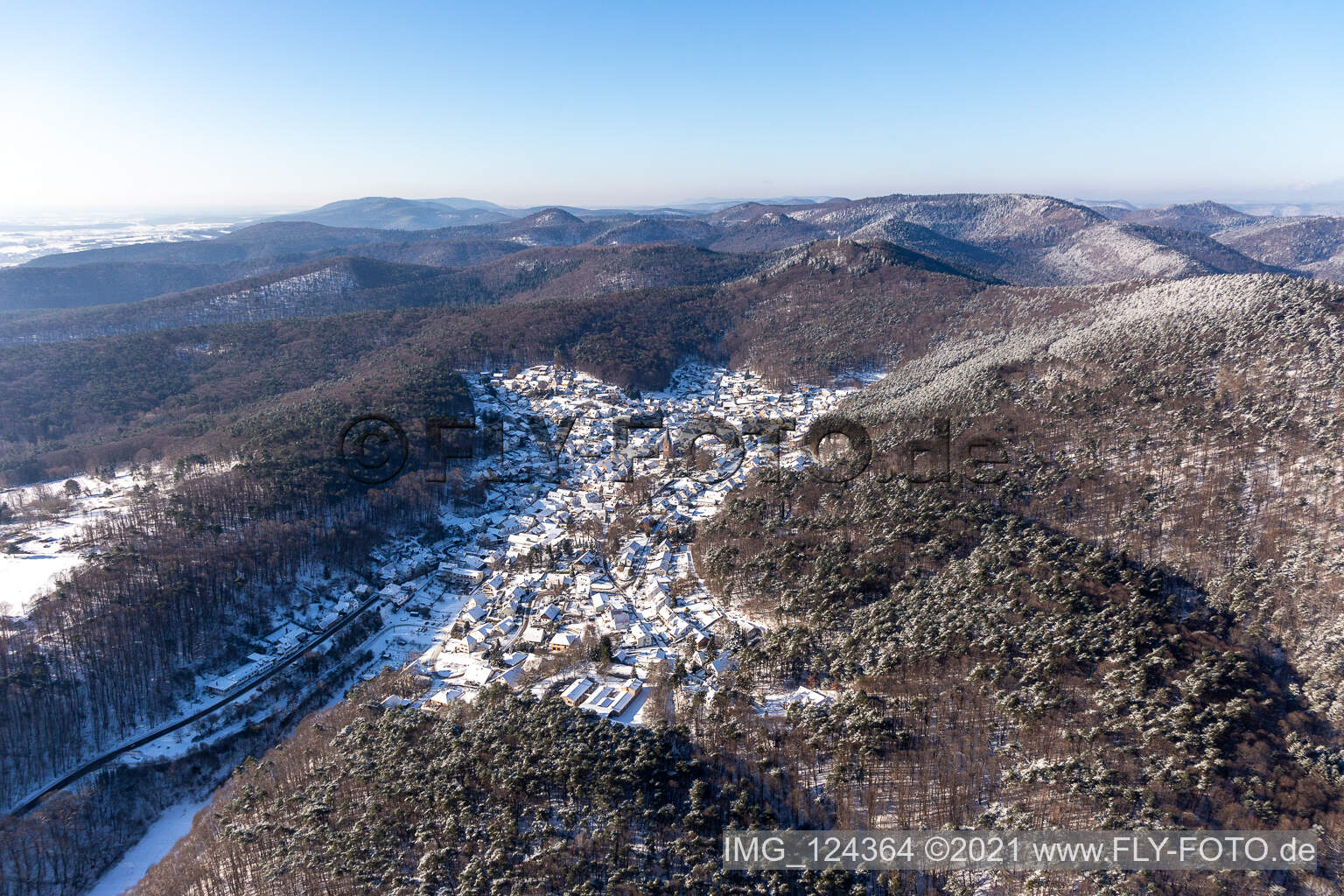 Aerial view of Winter aerial view in the snow in Dörrenbach in the state Rhineland-Palatinate, Germany