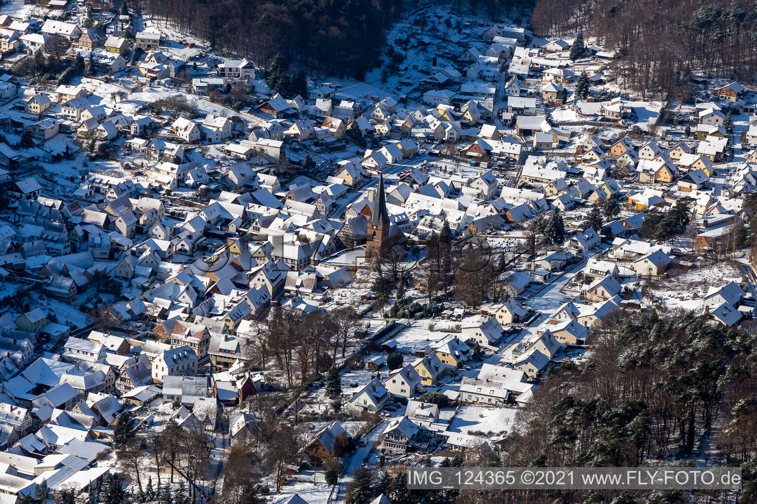 Aerial view of Winter aerial view in the snow in Dörrenbach in the state Rhineland-Palatinate, Germany