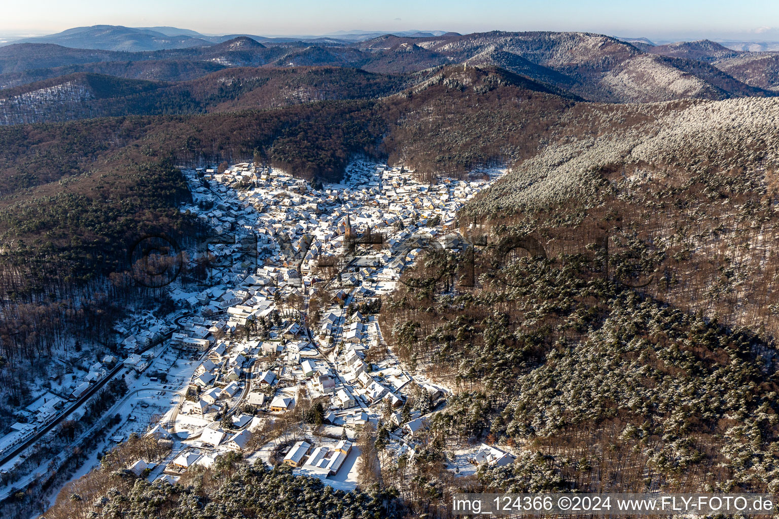 Wintry snowy village view in Doerrenbach in the state Rhineland-Palatinate