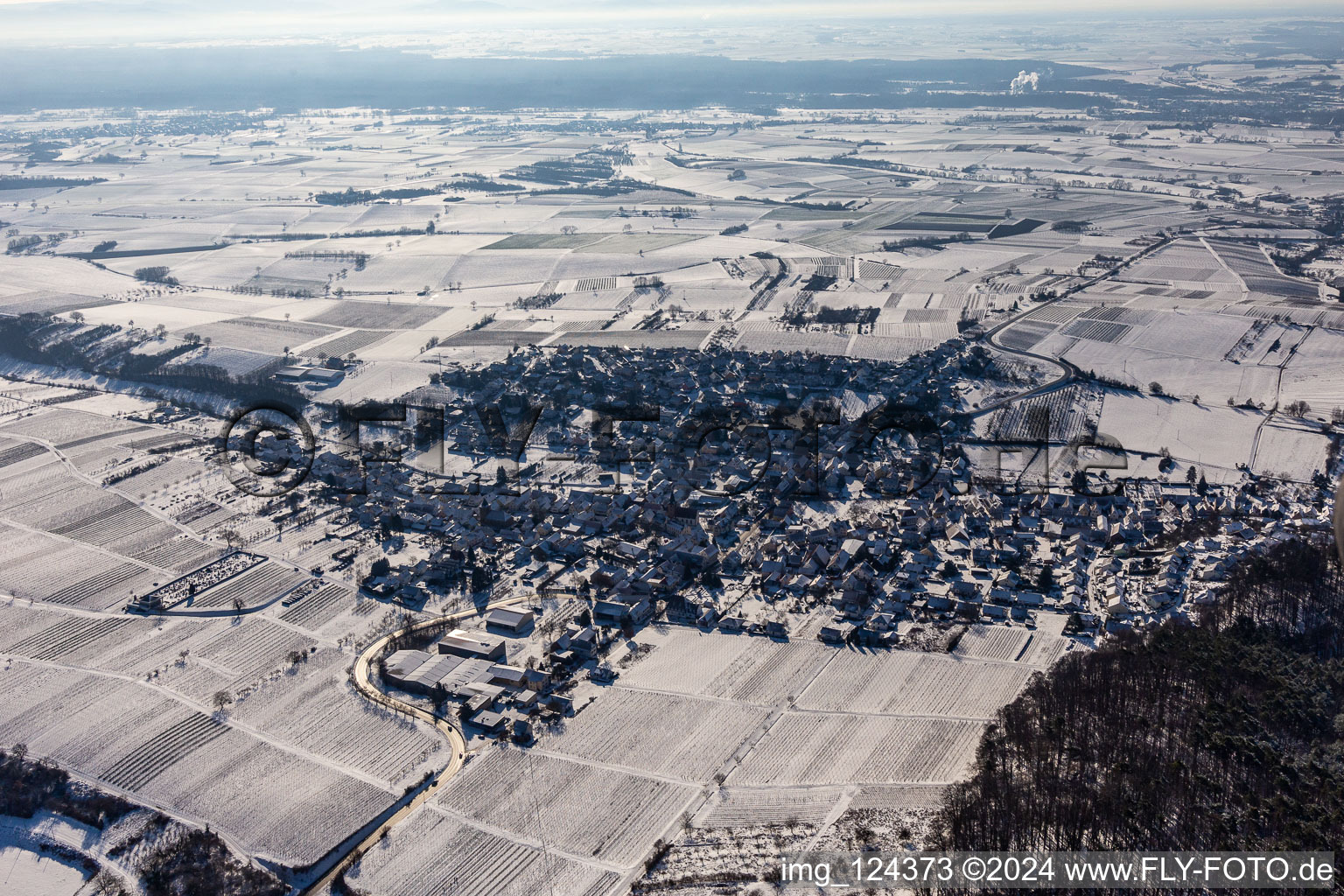 Winter aerial view in the snow in Oberotterbach in the state Rhineland-Palatinate, Germany