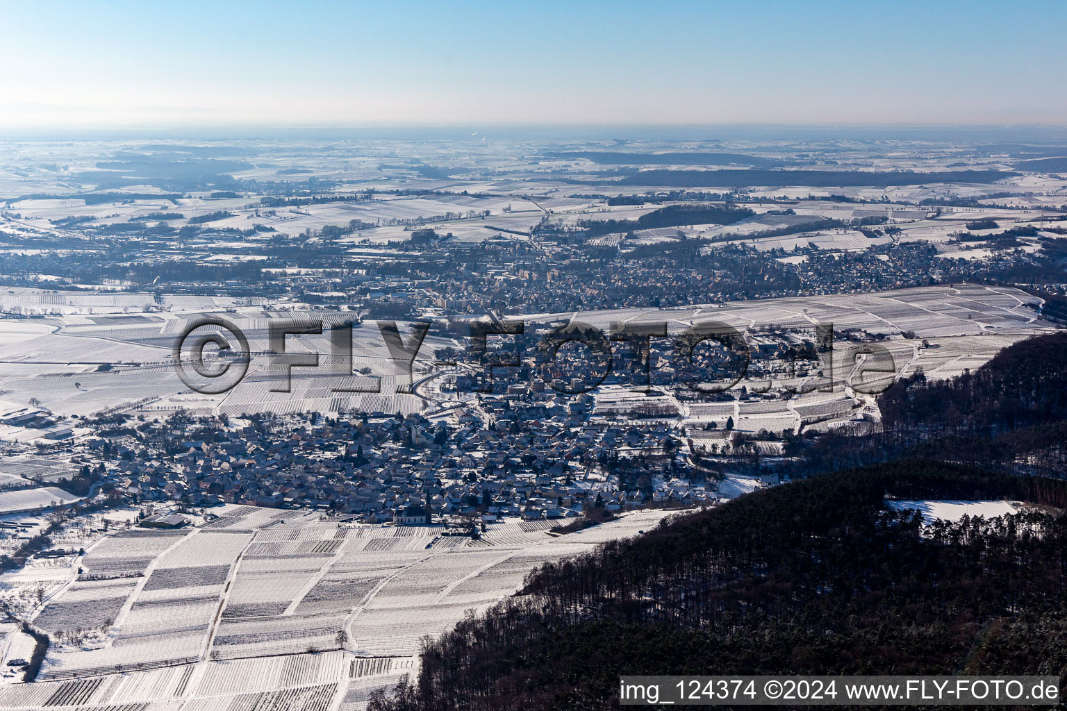 Aerial view of Winter aerial view in the snow in Oberotterbach in the state Rhineland-Palatinate, Germany