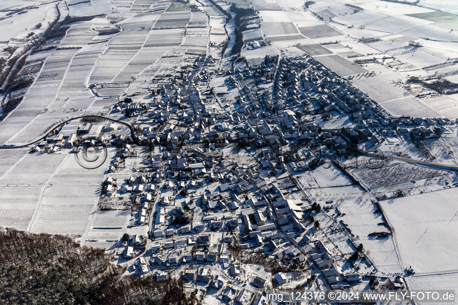 Aerial view of Winter aerial view in the snow in Oberotterbach in the state Rhineland-Palatinate, Germany