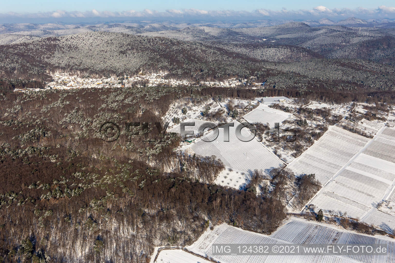 Aerial view of Winter aerial view in the snow of garden plots near the forest in Dörrenbach in the state Rhineland-Palatinate, Germany