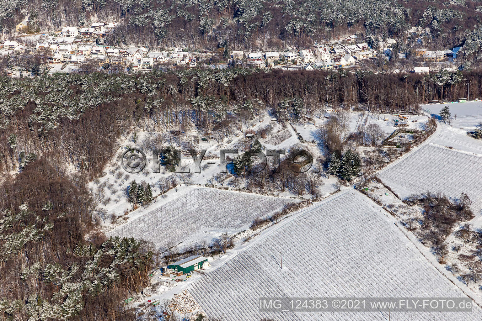 Aerial view of Winter aerial view in the snow of garden plots near the forest in Dörrenbach in the state Rhineland-Palatinate, Germany