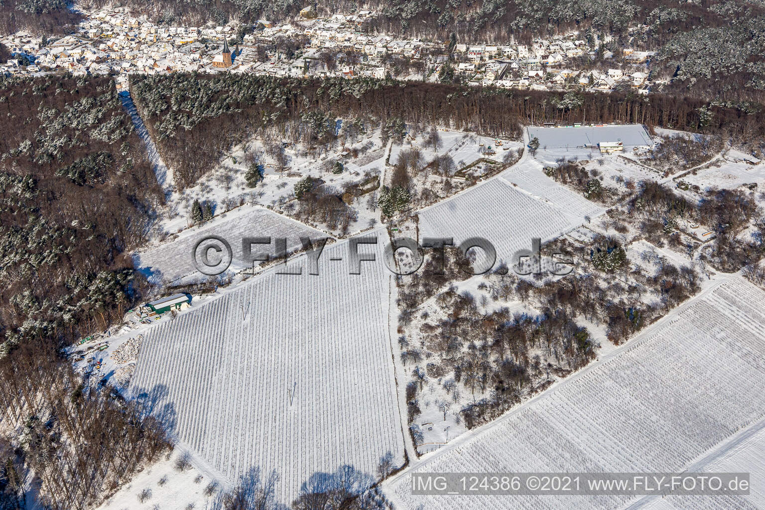 Aerial view of Winter aerial view in the snow of garden plots near the forest in Dörrenbach in the state Rhineland-Palatinate, Germany