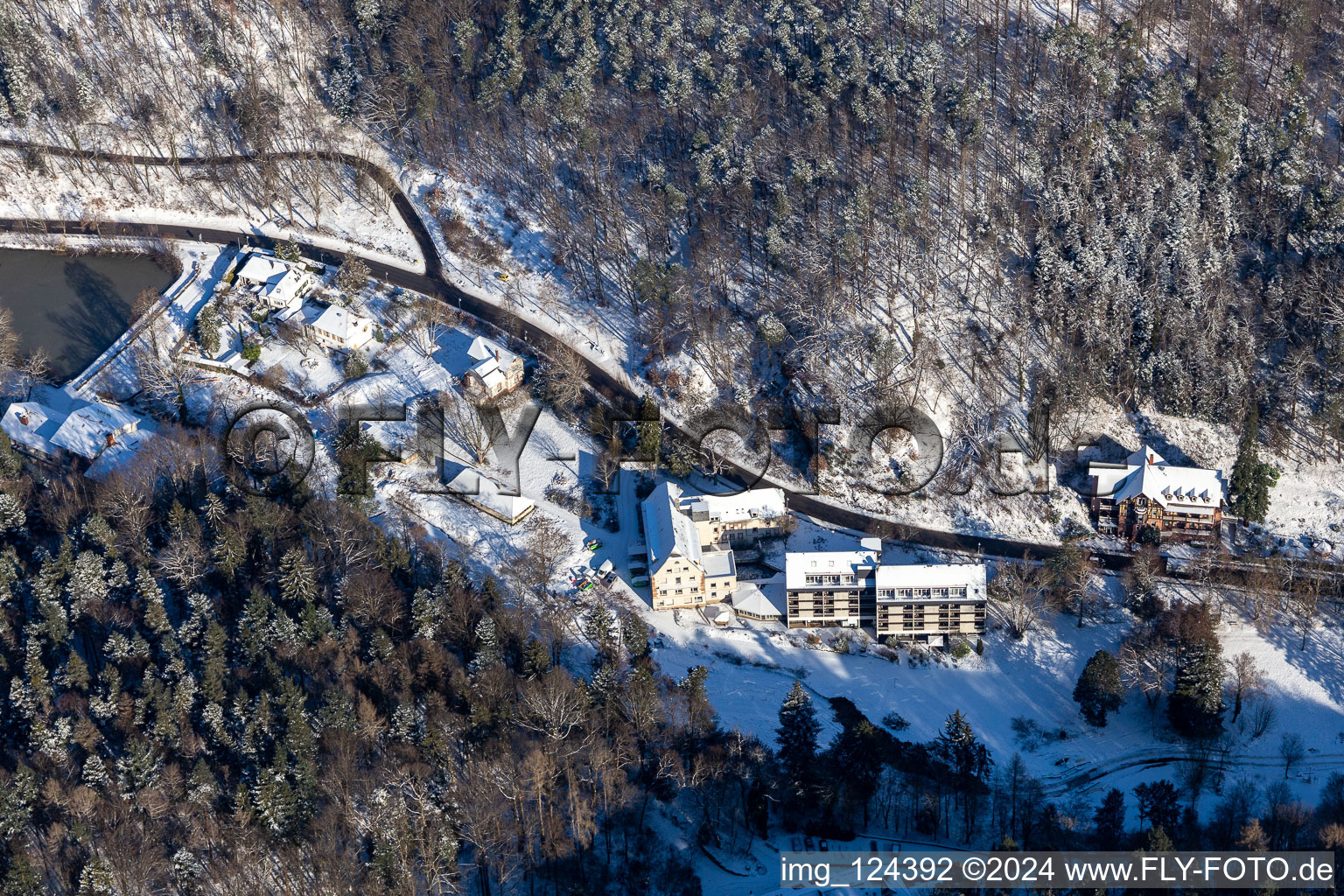 Winter aerial view in the snow from the Hotel Luisental in Kurtal in Bad Bergzabern in the state Rhineland-Palatinate, Germany