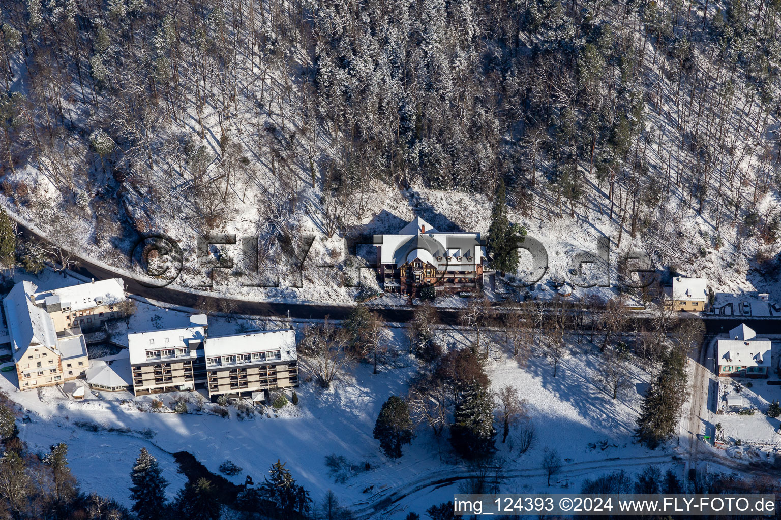 Aerial view of Winter aerial view in the snow from the Hotel Luisental in Kurtal in Bad Bergzabern in the state Rhineland-Palatinate, Germany