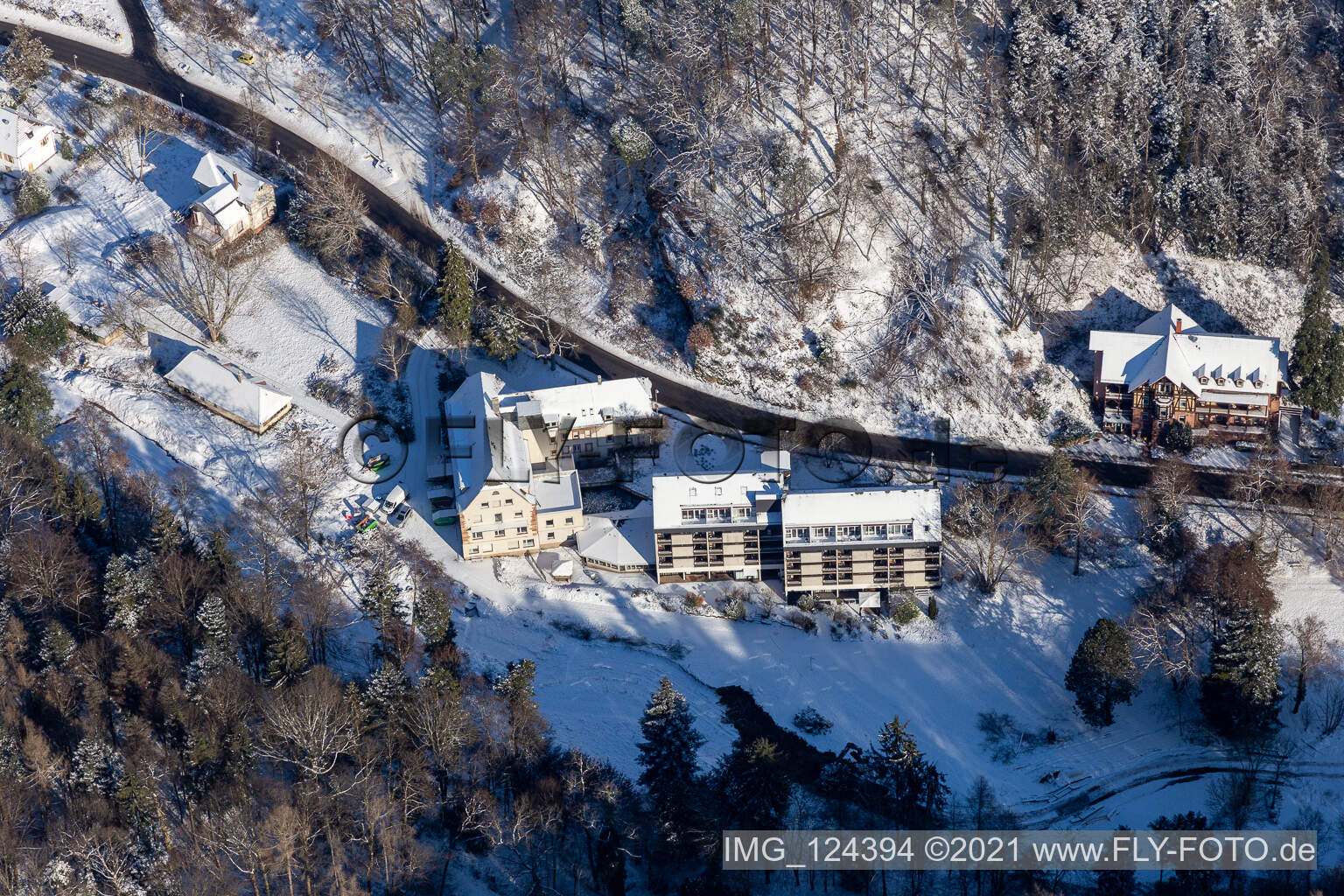 Aerial view of Winter aerial view in the snow from the Hotel Luisental in the Kurtal in Bad Bergzabern in the state Rhineland-Palatinate, Germany