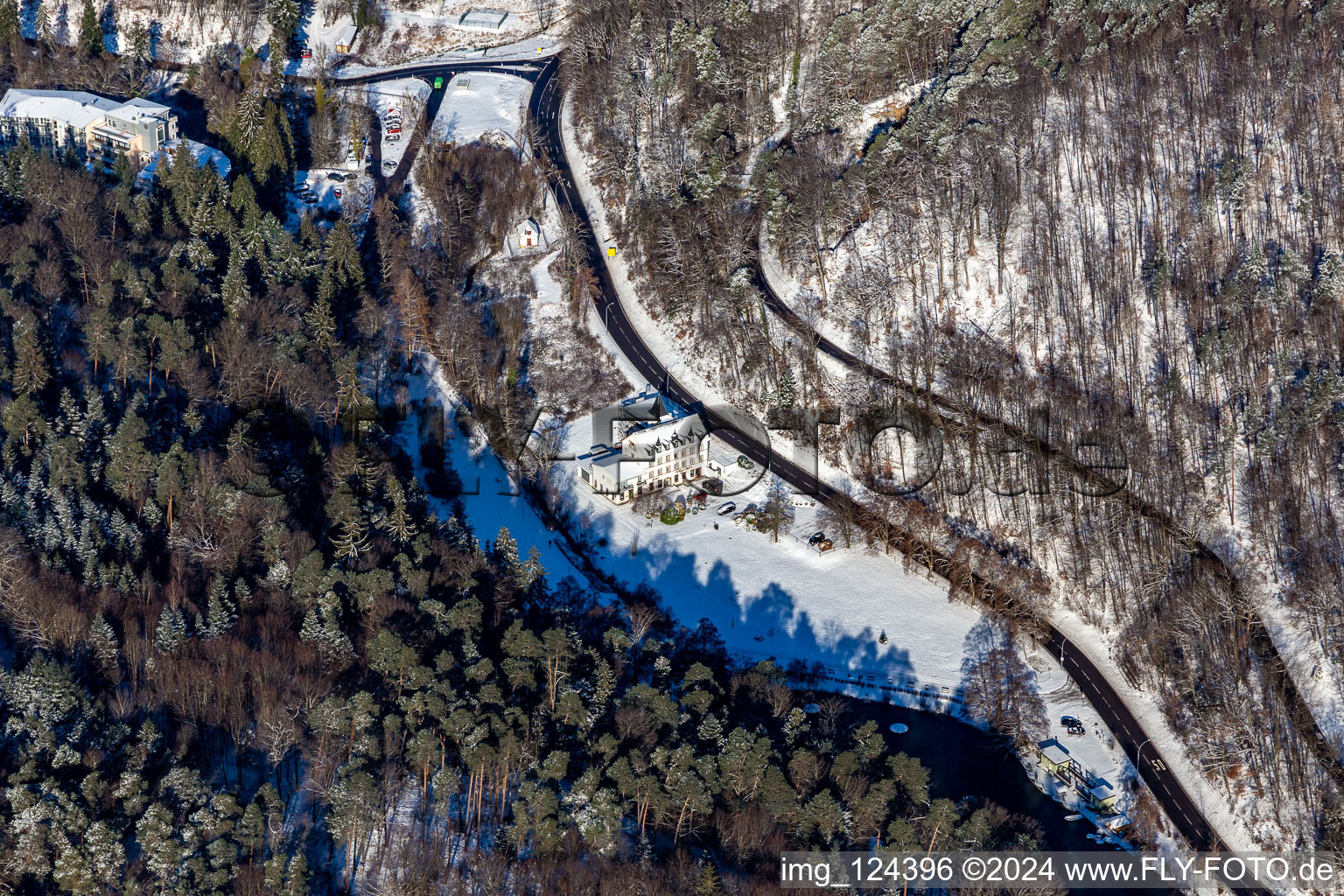 Winter aerial view in the snow from the Hotel Pfälzer Wald in the Kurtal in Bad Bergzabern in the state Rhineland-Palatinate, Germany