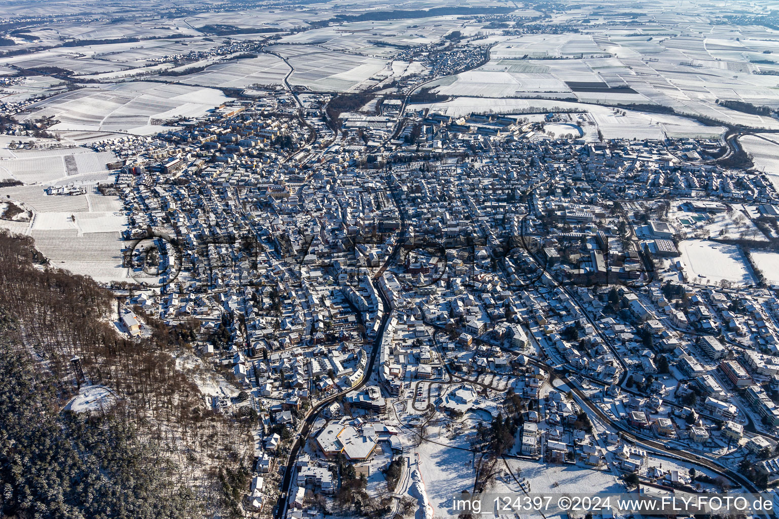 Aerial view of Winter aerial view in the snow in Bad Bergzabern in the state Rhineland-Palatinate, Germany