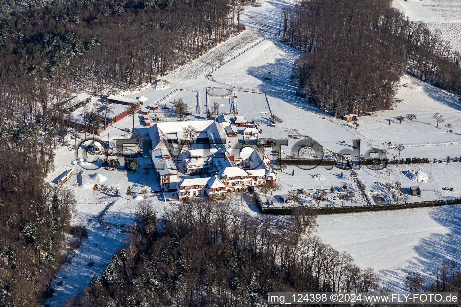 Aerial view of Winter aerial view in the snow of the Liebfrauenberg Monastery in Bad Bergzabern in the state Rhineland-Palatinate, Germany