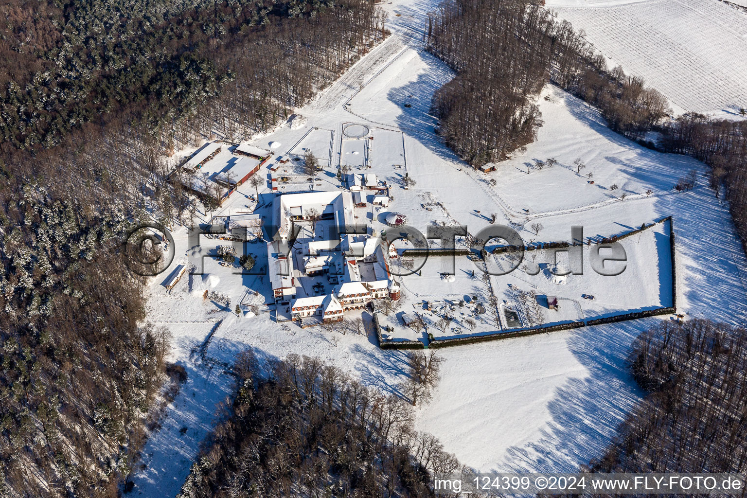 Aerial view of Winter aerial view in the snow of the Liebfrauenberg Monastery in Bad Bergzabern in the state Rhineland-Palatinate, Germany