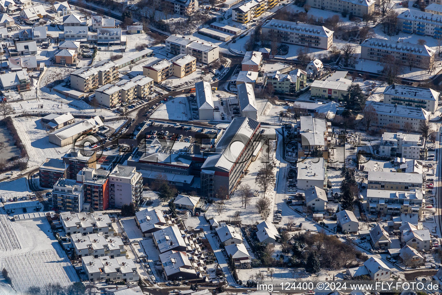 Winter aerial view in the snow of the hospital Bad Bergzabern in Bad Bergzabern in the state Rhineland-Palatinate, Germany