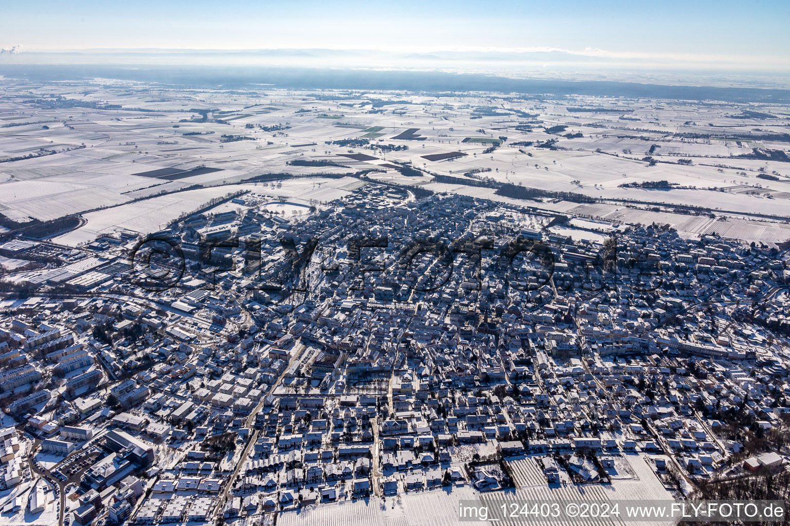 Aerial view of Winter aerial view in the snow in Bad Bergzabern in the state Rhineland-Palatinate, Germany