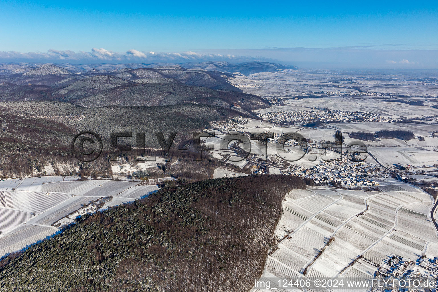 Winter aerial view in the snow in the district Gleishorbach in Gleiszellen-Gleishorbach in the state Rhineland-Palatinate, Germany