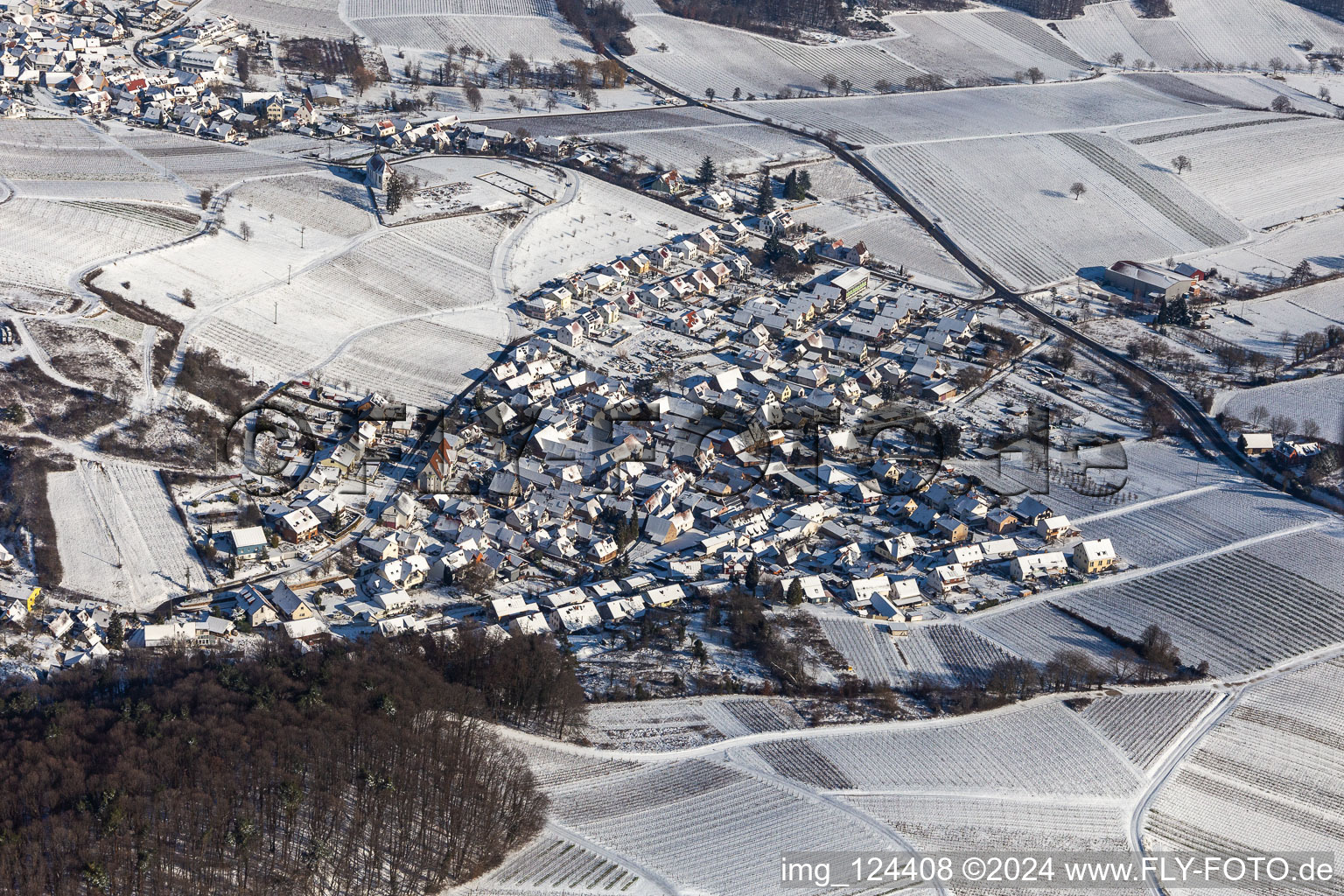 Aerial view of Winter aerial view in the snow in the district Gleishorbach in Gleiszellen-Gleishorbach in the state Rhineland-Palatinate, Germany