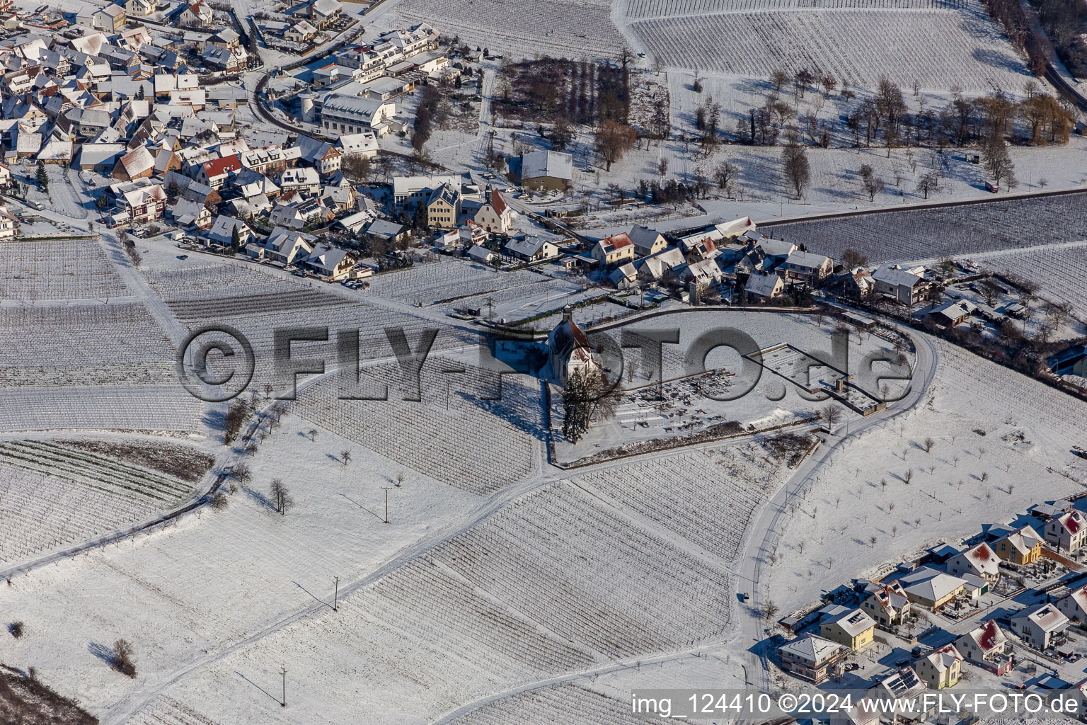 Winter aerial view in the snow of the St. Dionysius Chapel in the district Gleiszellen in Gleiszellen-Gleishorbach in the state Rhineland-Palatinate, Germany