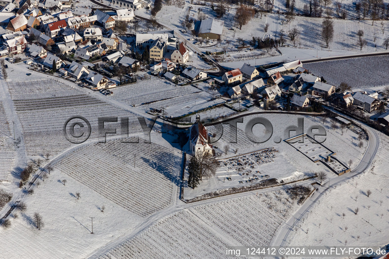 Aerial view of Winter aerial view in the snow of the St. Dionysius Chapel in the district Gleiszellen in Gleiszellen-Gleishorbach in the state Rhineland-Palatinate, Germany