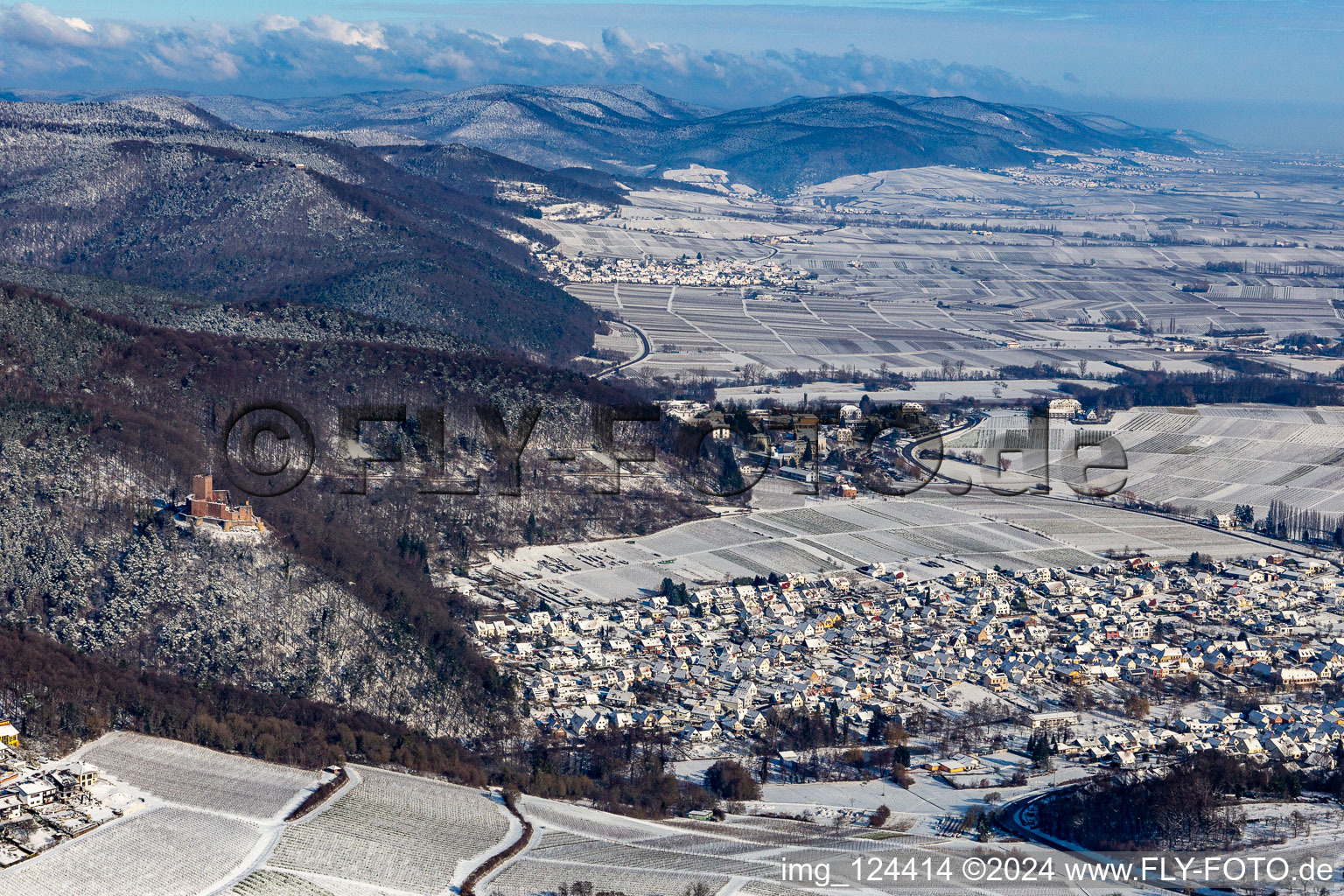 Wintry snowy city view on down town in Klingenmuenster in the state Rhineland-Palatinate, Germany