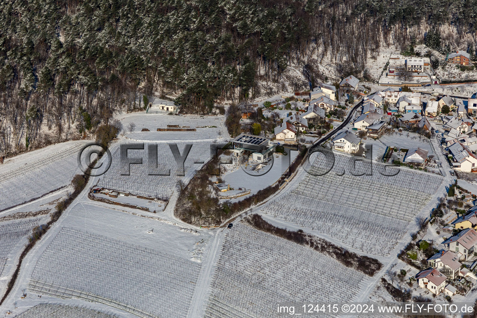 Winter aerial view in the snow in the district Gleiszellen in Gleiszellen-Gleishorbach in the state Rhineland-Palatinate, Germany