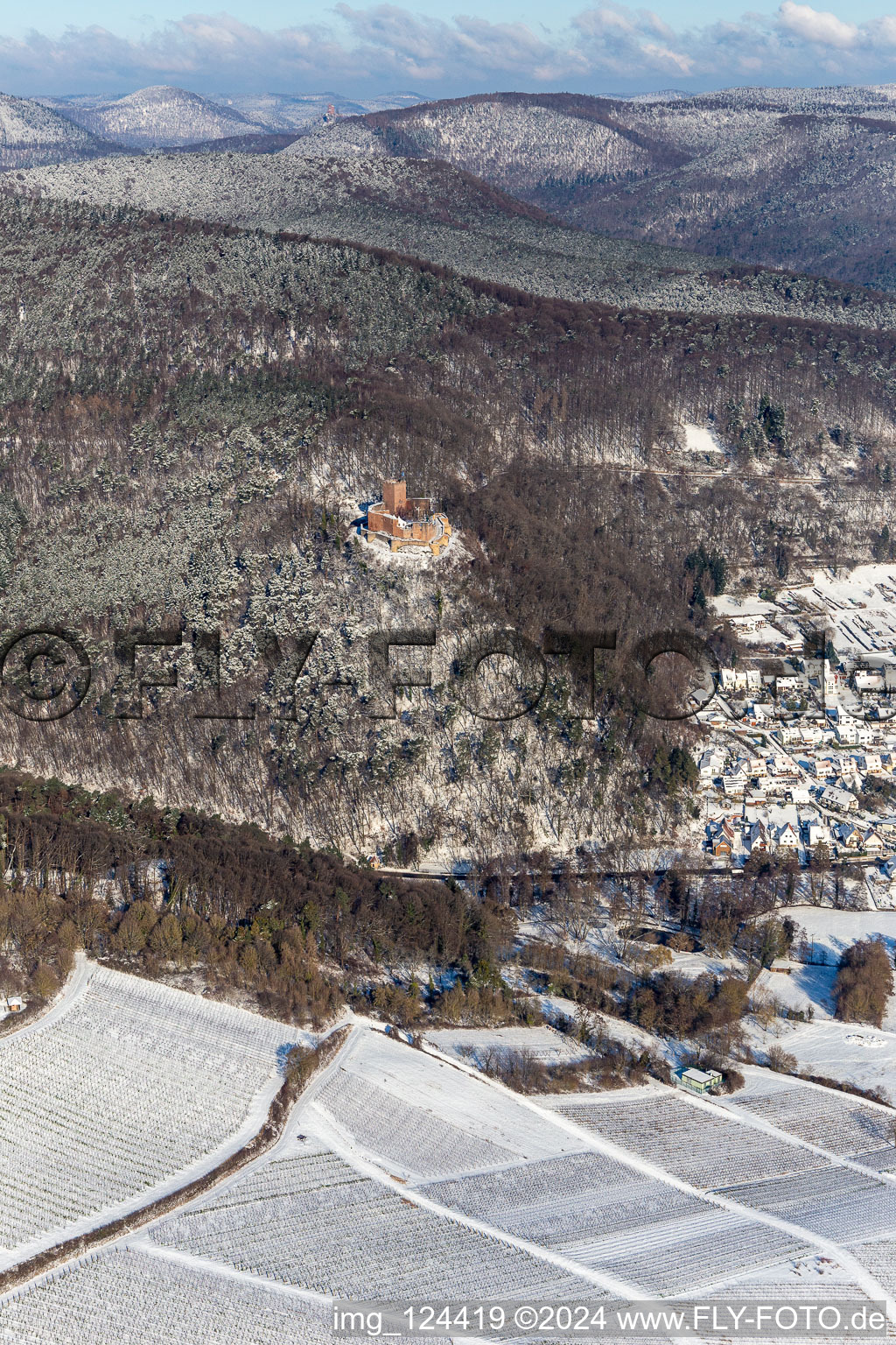 Winter aerial view in the snow of Landeck Castle in Klingenmünster in the state Rhineland-Palatinate, Germany